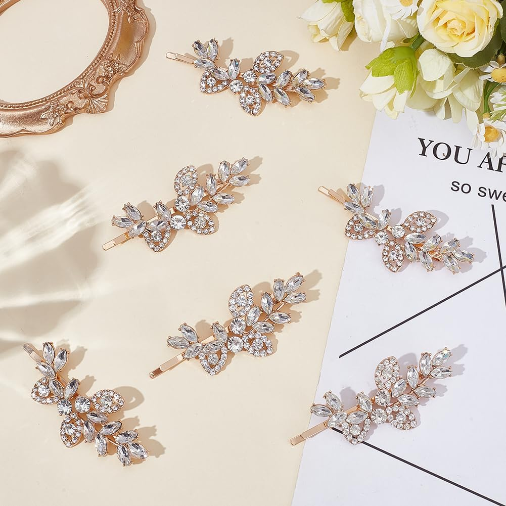 GOMAKERER 6 Pcs Rhinestone Leaf Hair Clips, Golden Bridal Hair Barrette Rhinestone Wedding Clips Decorative Diamante Accessories for Women Wedding Gift image number 2