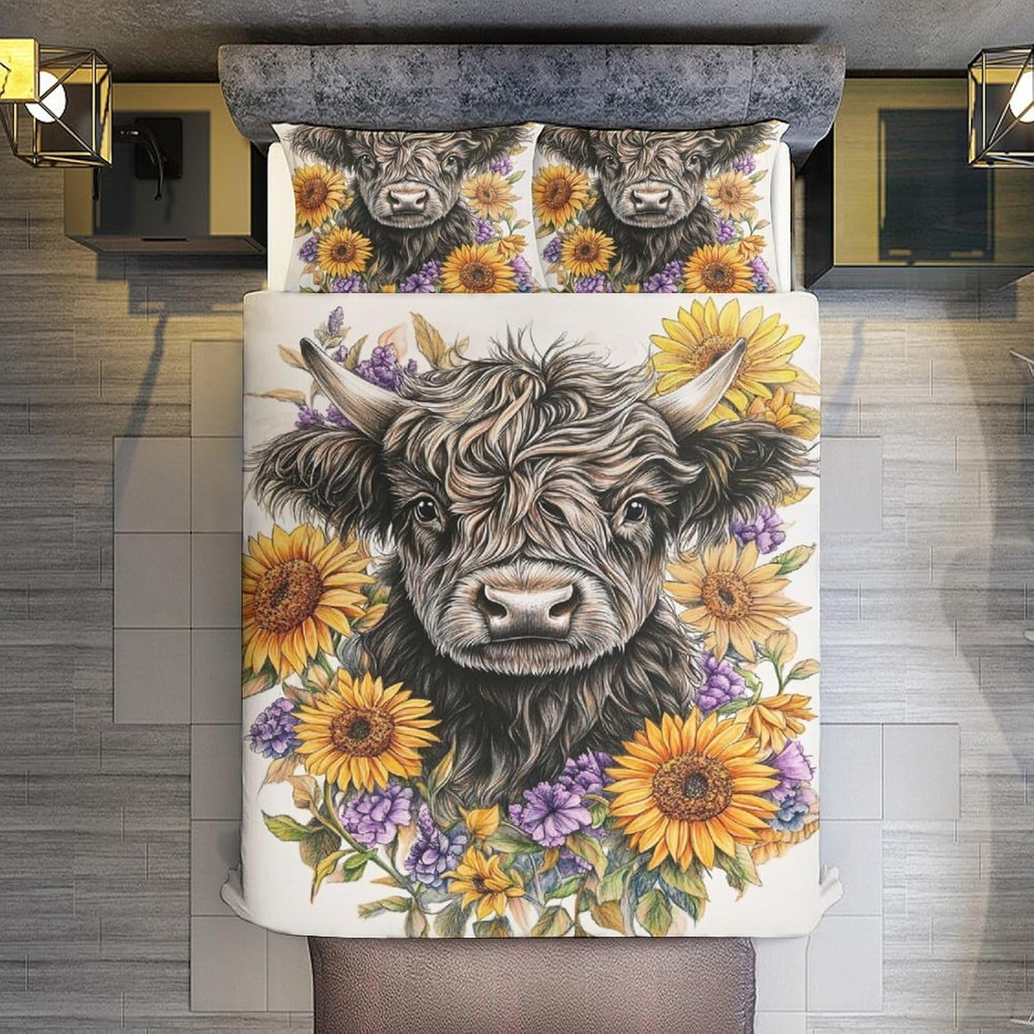 3Pcs Highland Cow Bedding Set Luxury 3D Printed Duvet Cover Sets with Pillowcase Sunflower Animal Quilt Covers Soft Microfiber Comforter Cover with Zipper,Queen（210X210Cm） image number 3