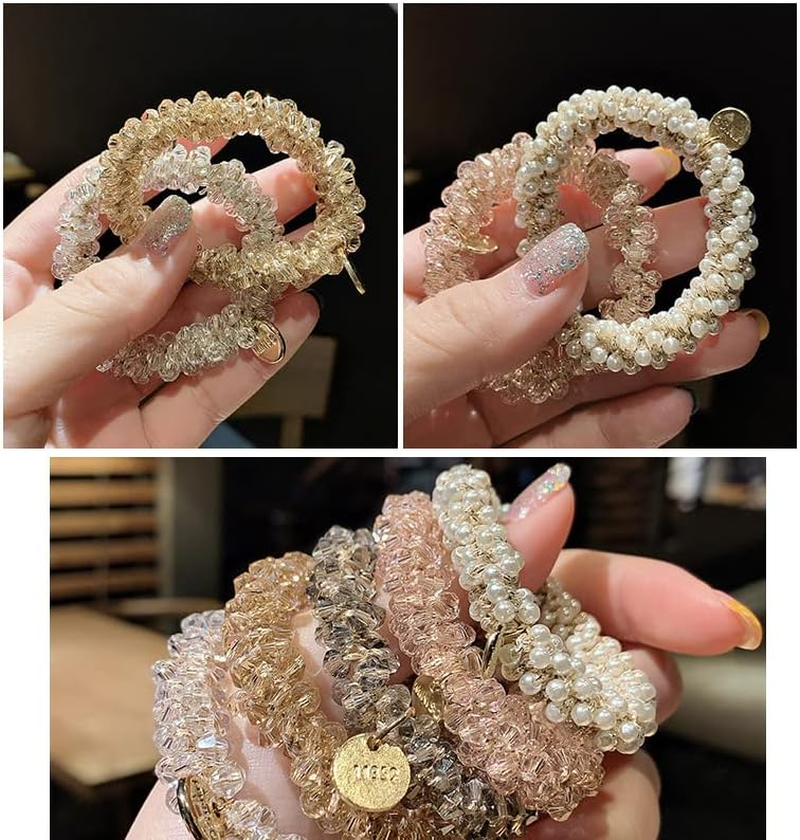 Betterjonny 5 Colors Crystal Hair Ties, Elastic Crystal Pearls Hair Rope Ponytail Hair Holders Head Bands Ropes Hair Accessories image number 5