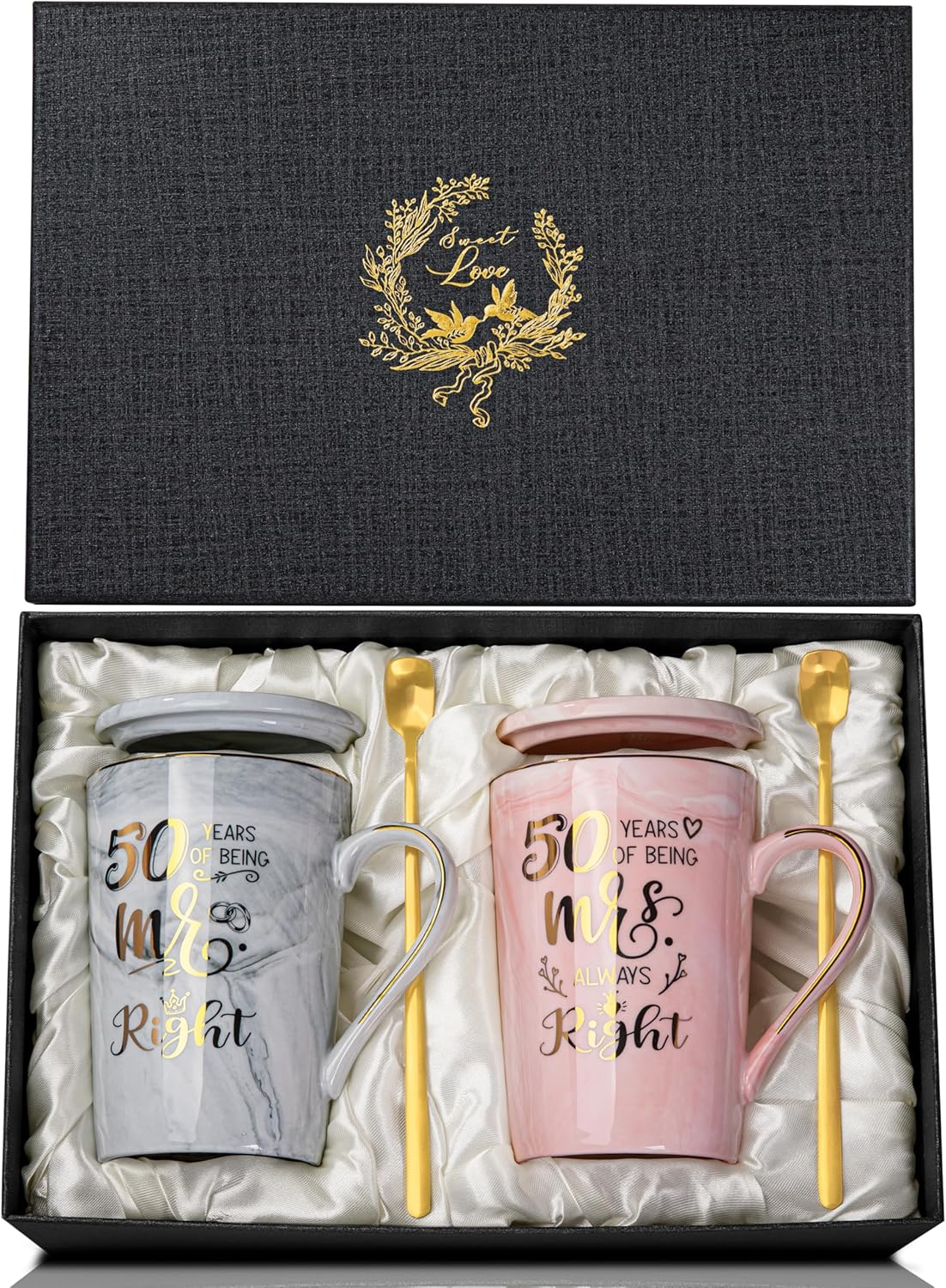 ALBISS 50Th Wedding Anniversary Coffee Mugs Set - 14Oz Golden 50Th Anniversary Cup Gifts for Couples, Parents, Grandparents, Grandpa, Grandma - 50Th Anniversary Decorations Mug in Pink and Grey, Boxed