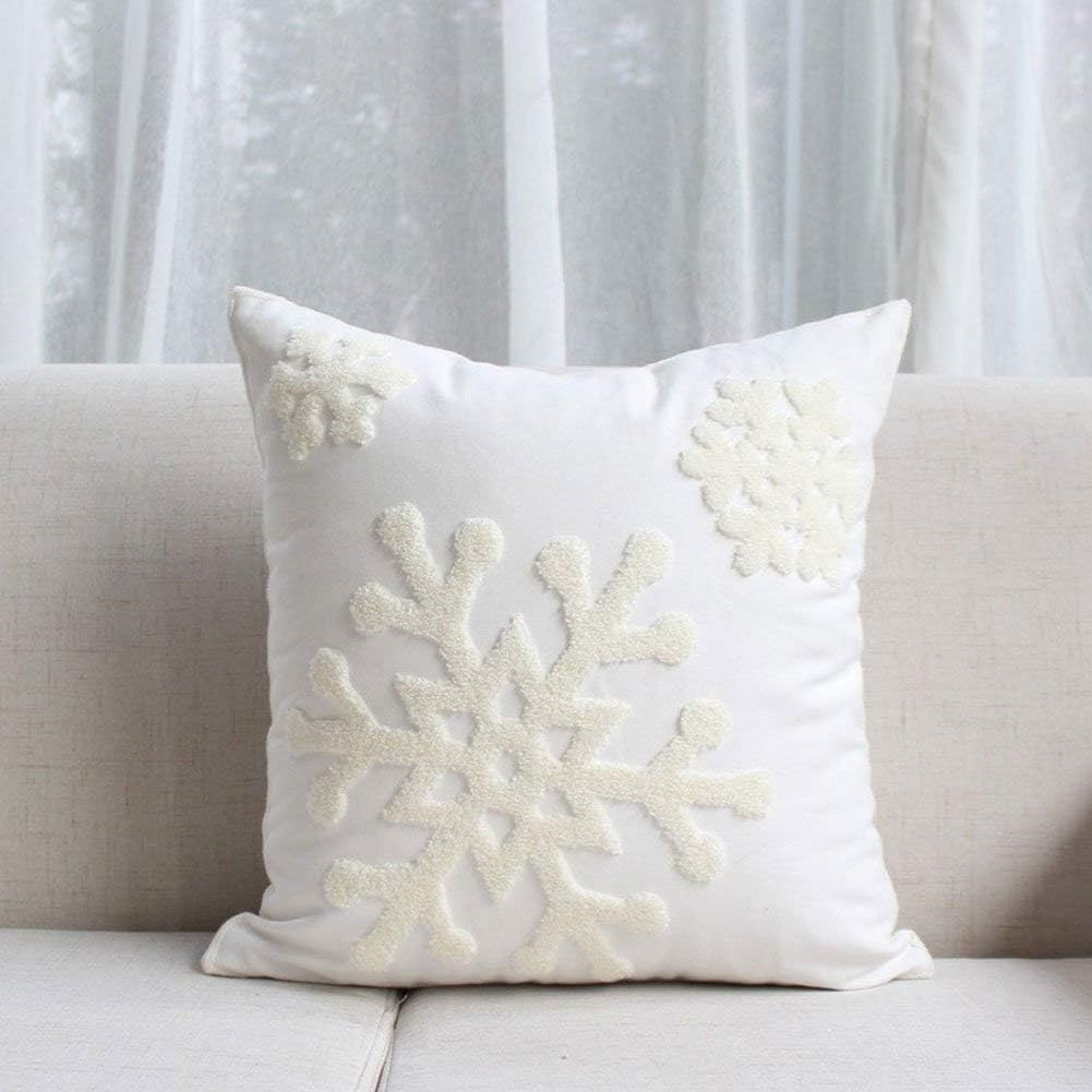 E.Life 18X18 Soft Canvas Christmas Winter Snowflake Style Cotton Linen Embroidery Throw Pillows Covers W/Invisible Zipper for Bed Sofa Cushion Pillowcases for Kids Bedding (1 Pair White) - Blue image number 2