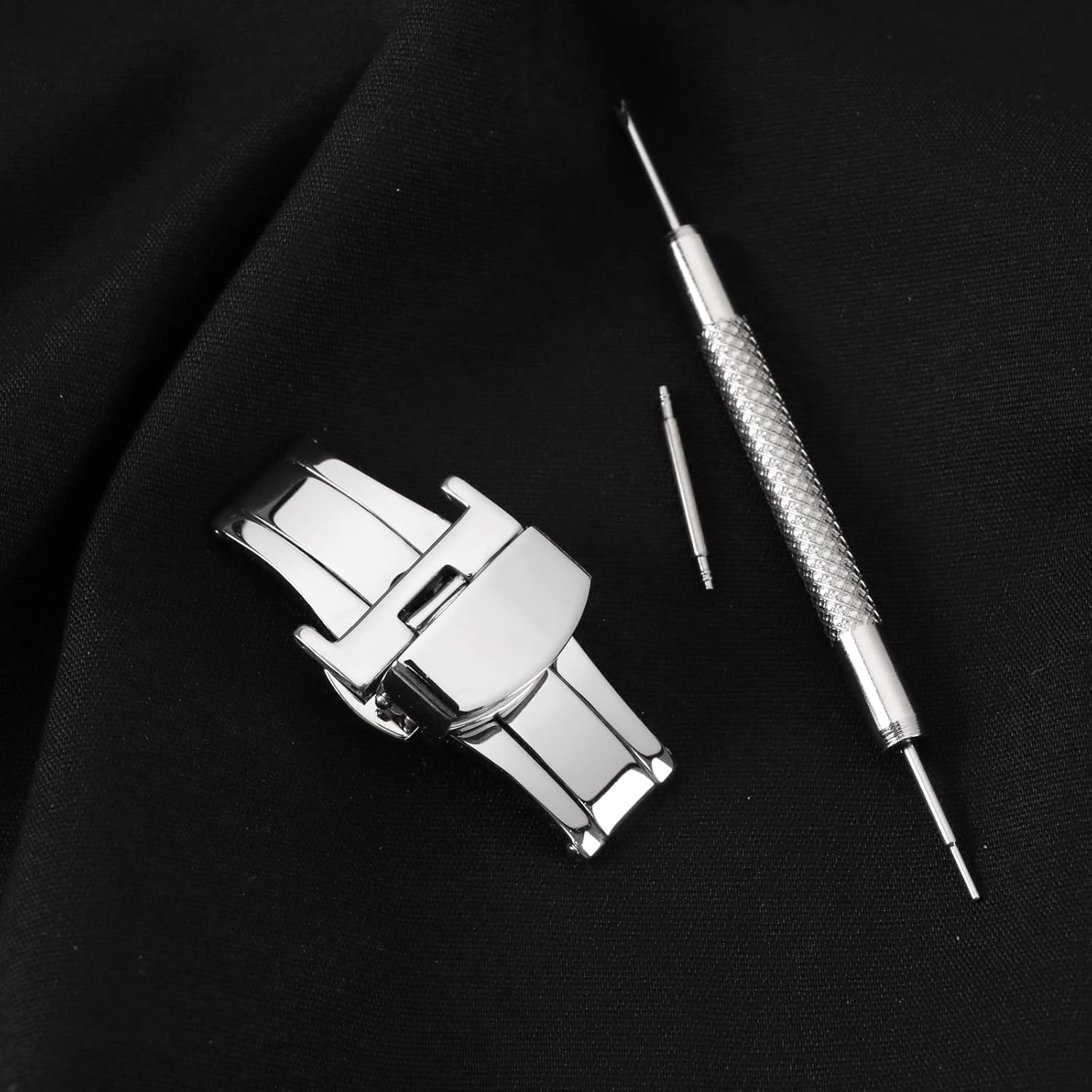 Emagtech Watch Buckle Stainless Steel Deployment Butterfly Clasp Watch Strap Push Button Buckle Double Push Spring Watch Clasp for Leather Straps with a Thickness of 3.5Mm or Less image number 2