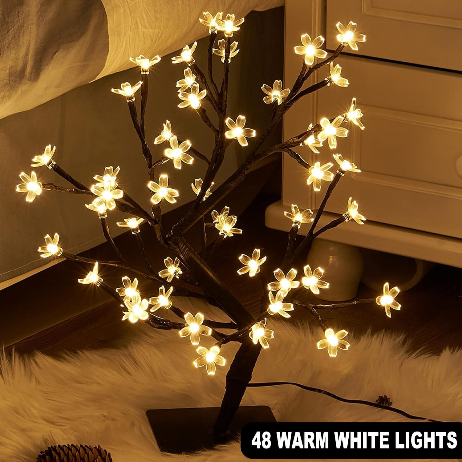 JIUSEGE 17 Inch Cherry Blossom Bonsai Tree with 48 LED Lights &ndash; Metal Base, Warm White Lights &ndash; Ideal Night Light, Bedside Table Lamp, Fairy Lights for Kids Room, Holiday & Christmas Decor image number 3