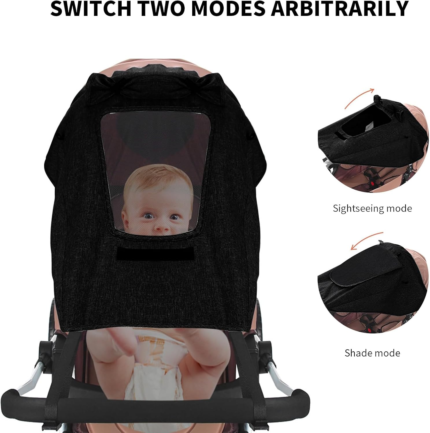 Pram Sun Shade, Universal Buggy Sun Shade Cover, Sunshade Canopy for Pushchair Portable Installation, Baby Stroller Shade Uv Protection with Skylight Design (Black)