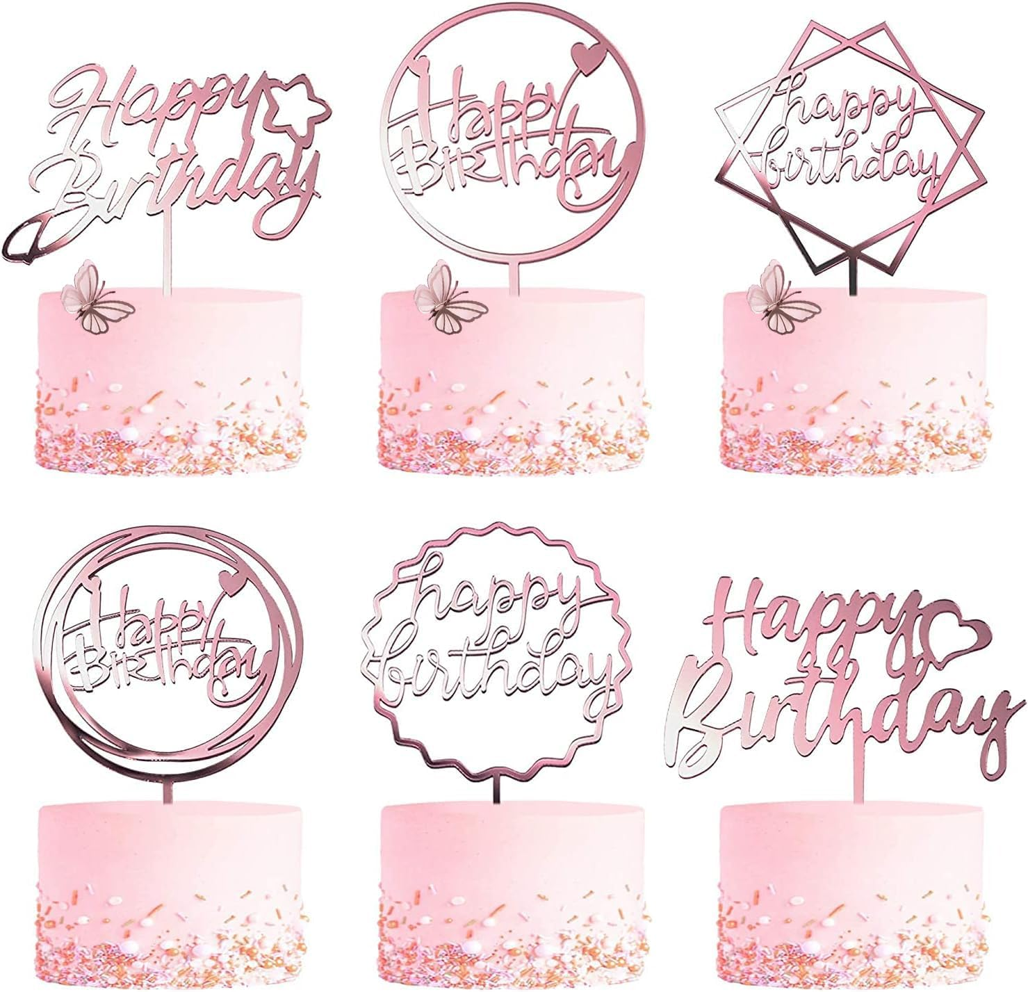 6-Pack Rose Gold Birthday Cake Topper Set, Double-Sided Glitter, Acrylic Happy Birthday Sign Cake Toppers/Cupcake Toppers, Birthday Party Decorations Supplies for Girls and Mom.