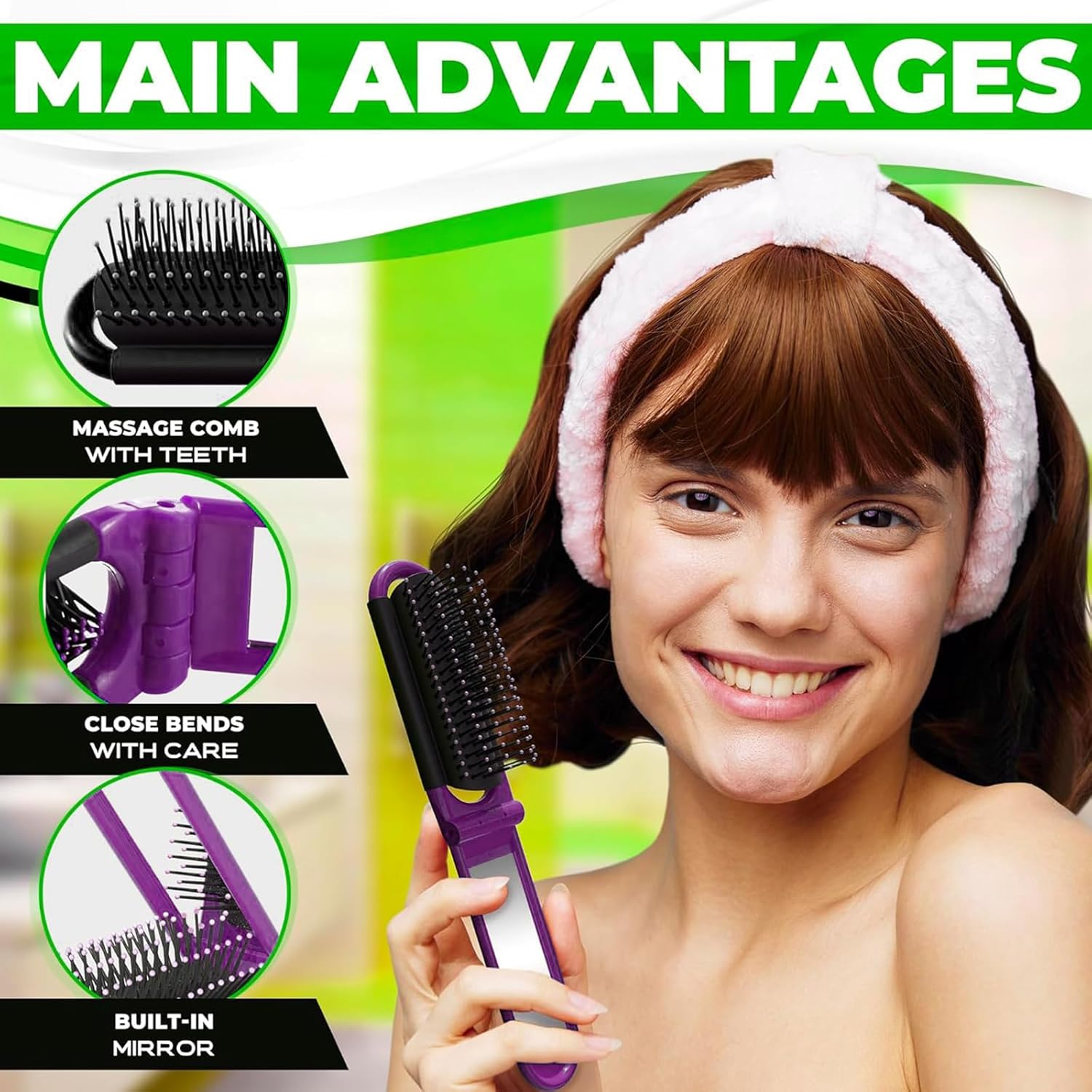 Jrusmr Folding Travel Hair Brush with Mirror 2-Pack Compact Styling Tool (Black & Purple) Massage Comb for Men & Women Portable Hairbrush for Purse and Travel image number 3