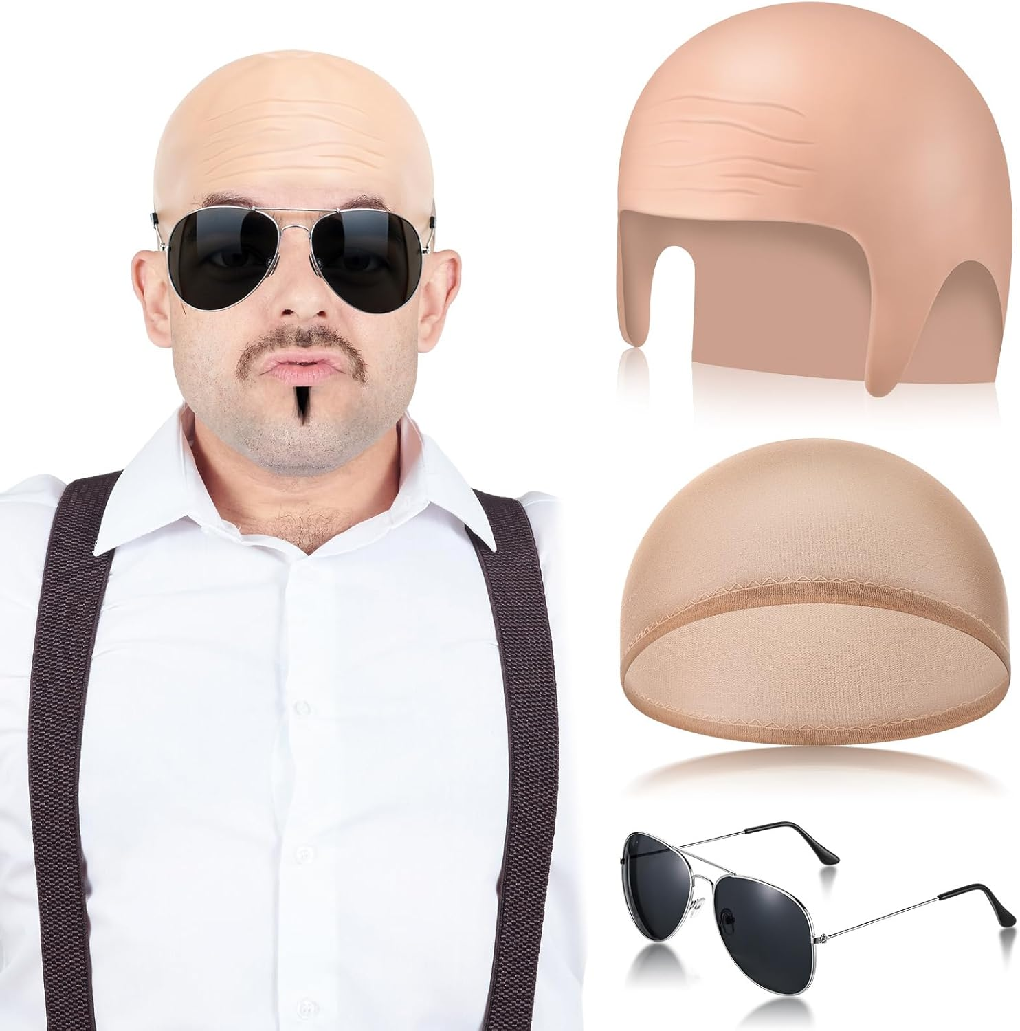 Mepase Bald Caps with Glasses for Adult Men Nylon Bald Head Wig Cap Can Be Cut for Halloween Music Festivals Concerts Cosplay image number 2