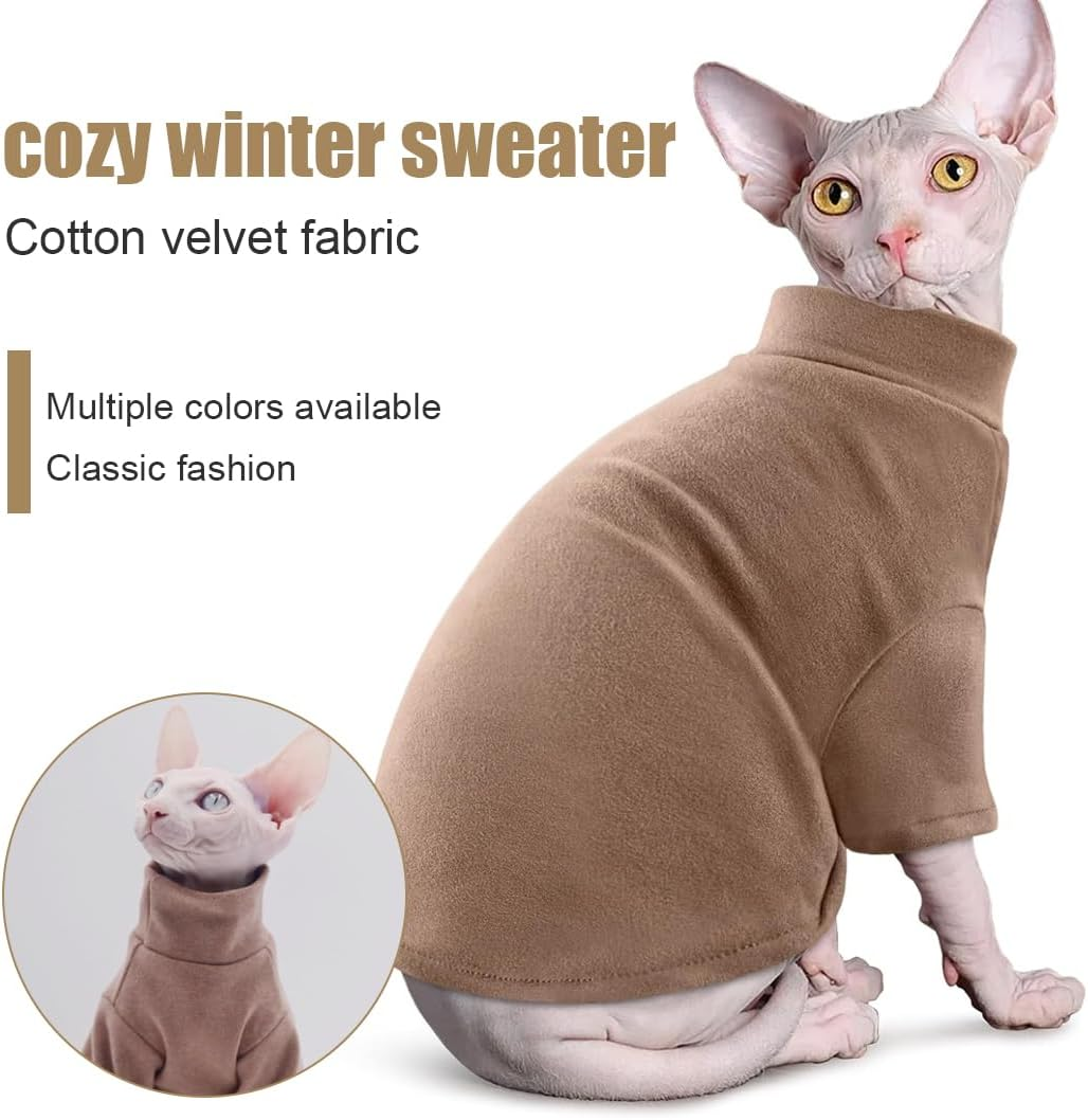 Cat Cotton Clothing, Sphynx Cat Clothing, Breathable Soft Jumper for Cats, Hairless Cat Vest, Turtleneck Jumper, for Sphynx, Cornish Rex, Devon Rex, Peterbald, Brown, M image number 5