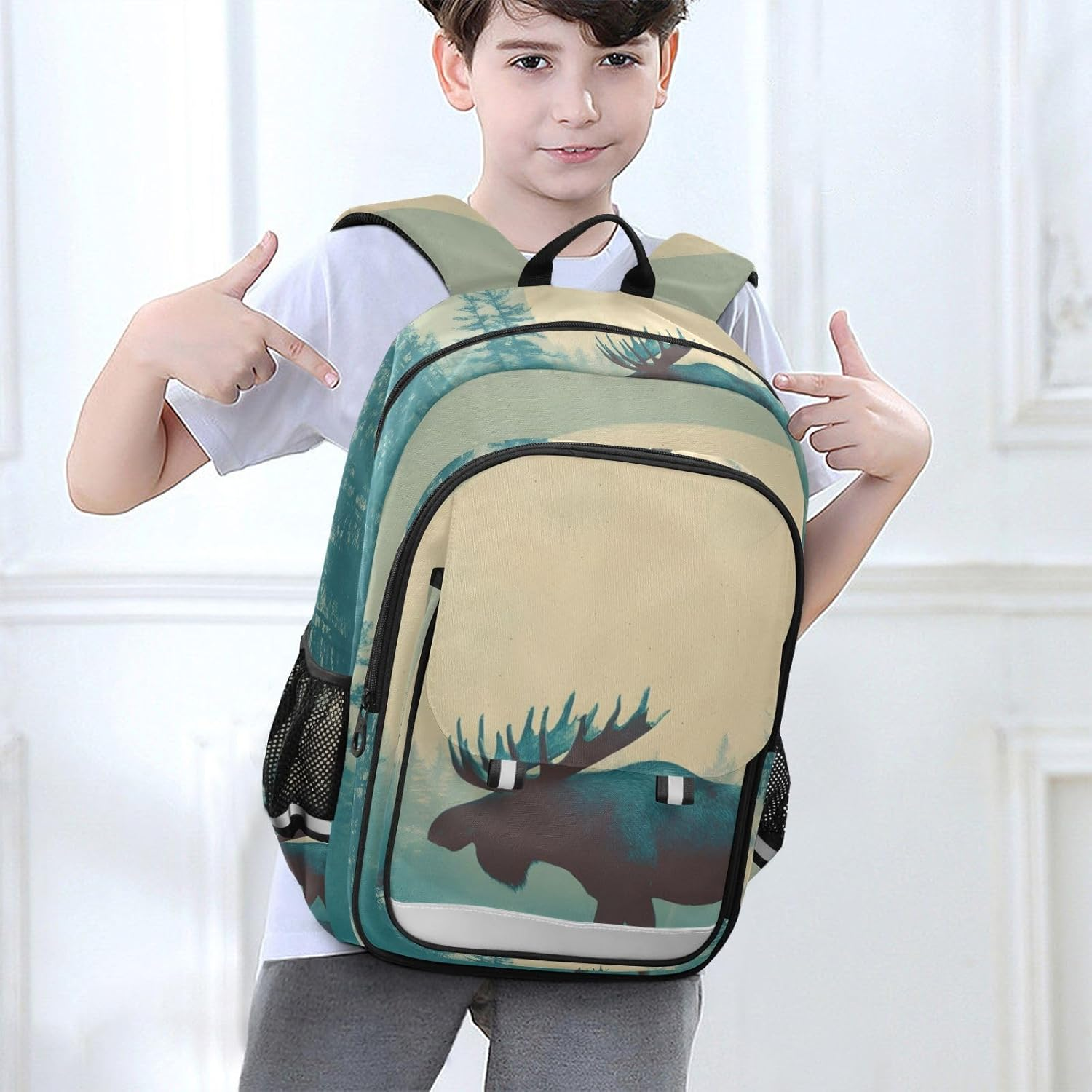 AIXIWAWA Kid'S Travel Backpacks Big Moon Moose Print for Boys Girls，Large Capacity Student School Bag with Reflective Stripe for Age 6 Above image number 3