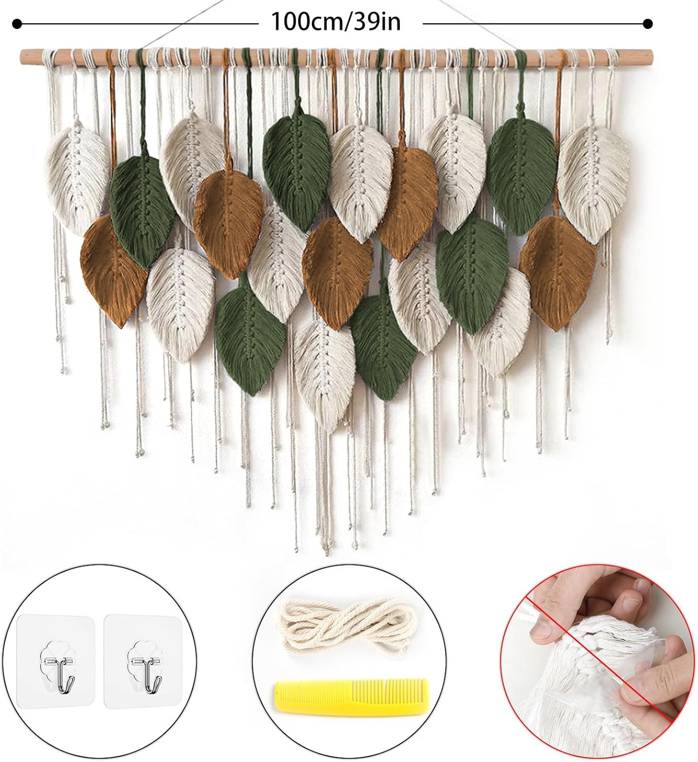 KHOYIME Large Macrame Wall Hanging Boho Woven Tapestry, Chic Home Decor Modern Bohemian Handmade Leaf Feather Wall Art Decorations for Apartment Dorm Living Room Bedroom Nursery Backdrop 39"W X 29.5"L image number 6