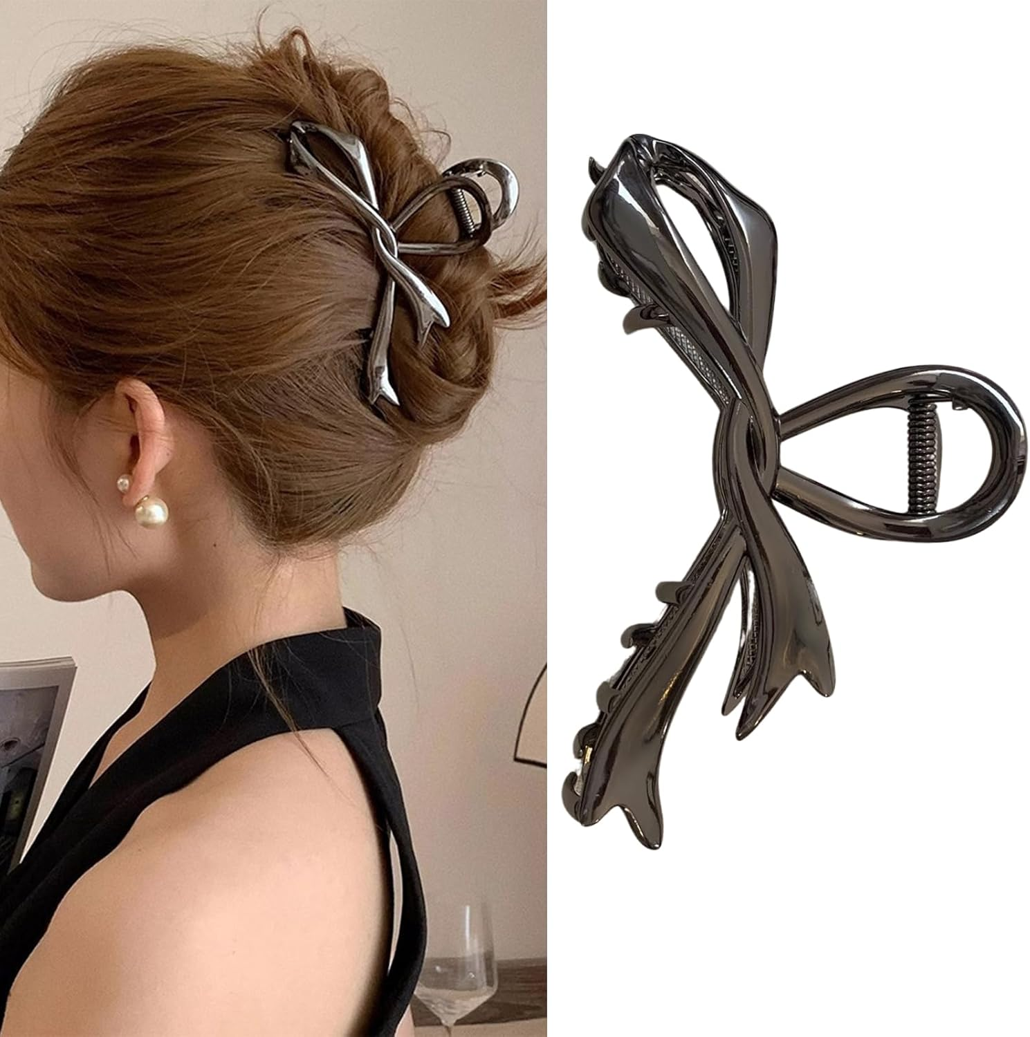 Ribbon Bow Hair Claw Clip Large Metal Hair Clips 4.5 Inch Metal Hair Claw for Women Girls Non-Slip Strong Grab Clips Shark Barrette Hair Clamps Hair Accessories for Thick Hair(Gold)