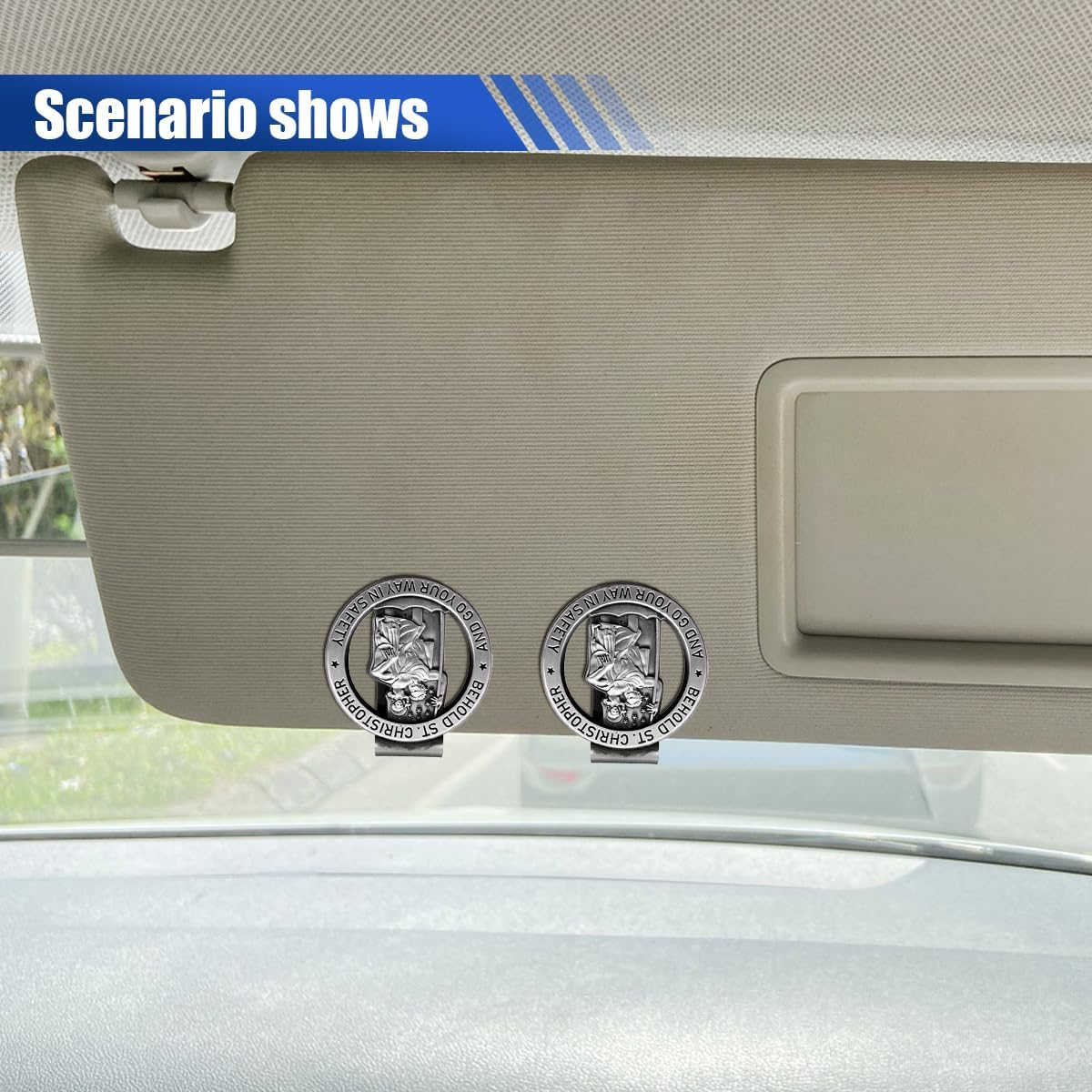 Saint Christopher Medal Visor Clip for Car, Car Visor Clip Accessories, Religious Bless Driving Safety Presents for Parents Family Friends (2PCS) image number 1
