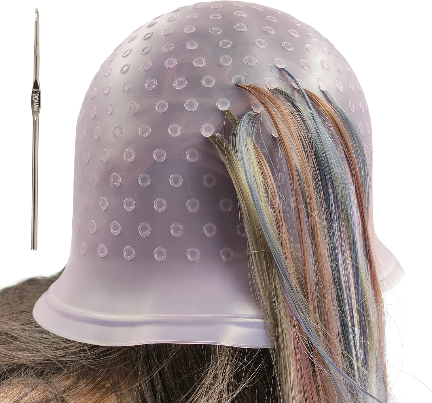 Losaria Highlighting Cap with Holes Already in Silicone Reusable Highlighting Cap Hair Dye Cap with Holes Tipping Caps Hair Salon Hairdressing Highlight Cap and Hook Kit (Purple)