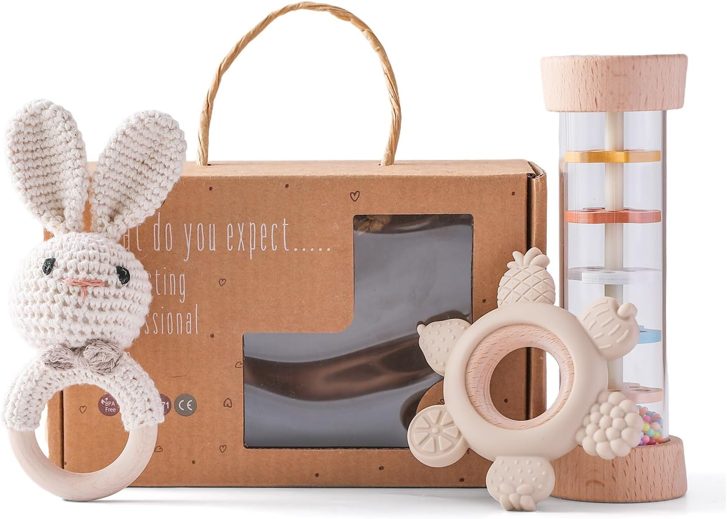 IEATFO Wooden Baby Rattle Set (3Pcs) - Crochet Rattle Rain Stick Toys, Wooden Montessori Toy for Newborn Infant Baby Rattles Set Toys 3-6-12 Months (Bunny) image number 4