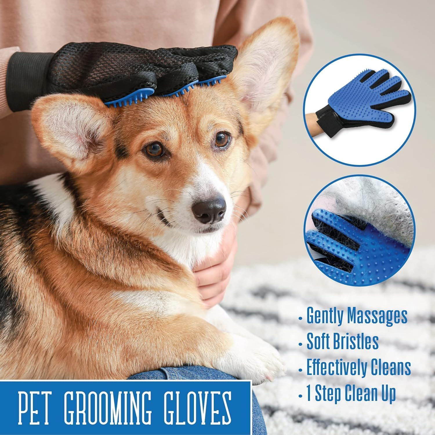 2PCS Dog Grooming Gloves Best Professional Deshedding, Brushing, Cleaning Mitt Tool for Small, Medium or Large Dogs & Cats. Fur & Hair Remover. Prevents Matted Coats. Soft Rubber Bristle Brush-Blue
