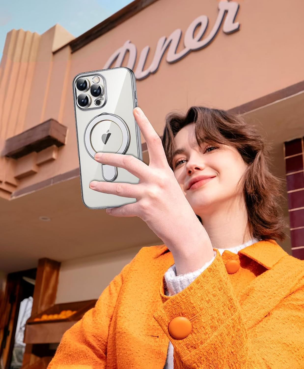 For Iphone 16 Pro Max Case, Phone Case Iphone 16 Pro Max with Invisible Magnetic Ring Stand [Compatible with Magsafe] [Full Camera Protection] Plating Clear Back Phone Case Covers, Silver image number 3