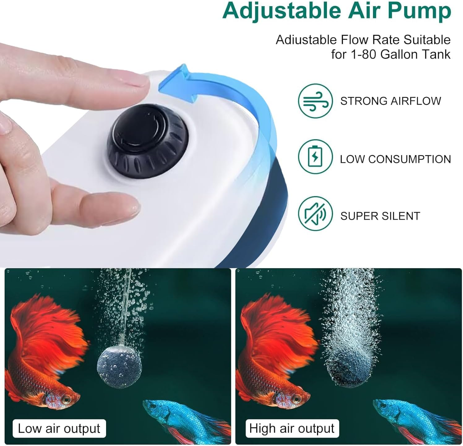 Fish Tank Air Pump Dual Outlet 4W Aquarium Electric Air Pump, 6L/Min Quiet Adjustable Oxgen Pump, Aquarium Air Bubbler with All Accessories for up to 40-650L Fish Tank image number 6