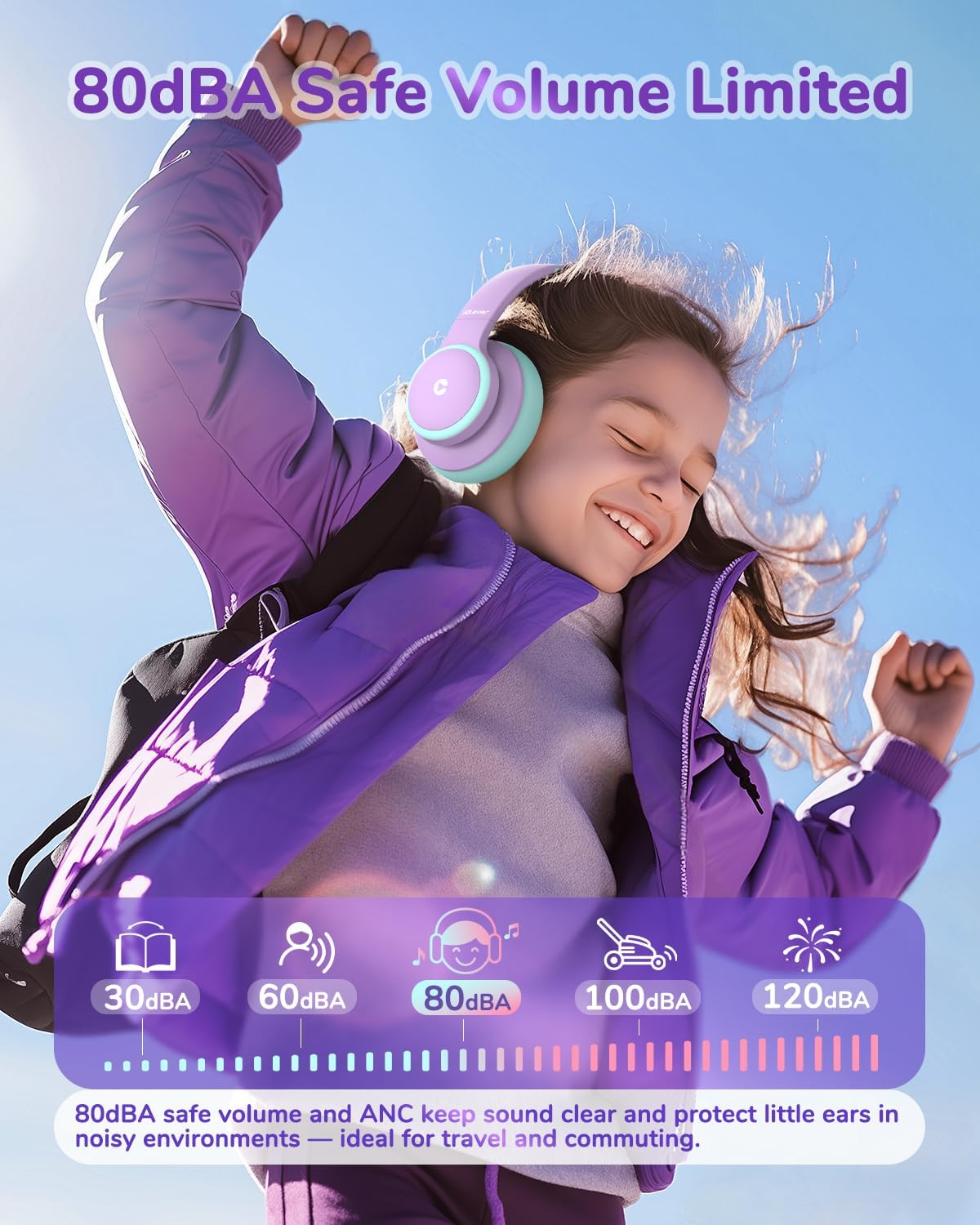 Iclever BTH26 Active Noise Cancelling Headphones Kids, 60H Play Time, Safe Volume 80Dba, Bluetooth5.4, Type C Fast Charging, Kids Bluetooth Headphones with Mic AUX Cord for Ipad Airplane (Purple) - Purple image number 3