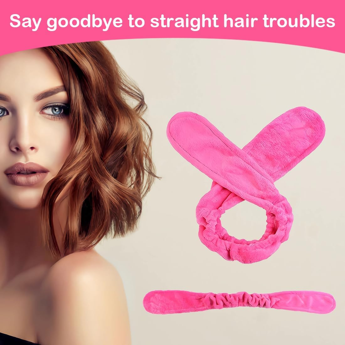 NHQZ Overnight Curls Band without Heat, Heatless Curls Band, Heatless Curler Non-Slip, Hair Band Curls Overnight, Overnight Blowout Curls Styling Wave, Curls without Heat (Deep Pink)