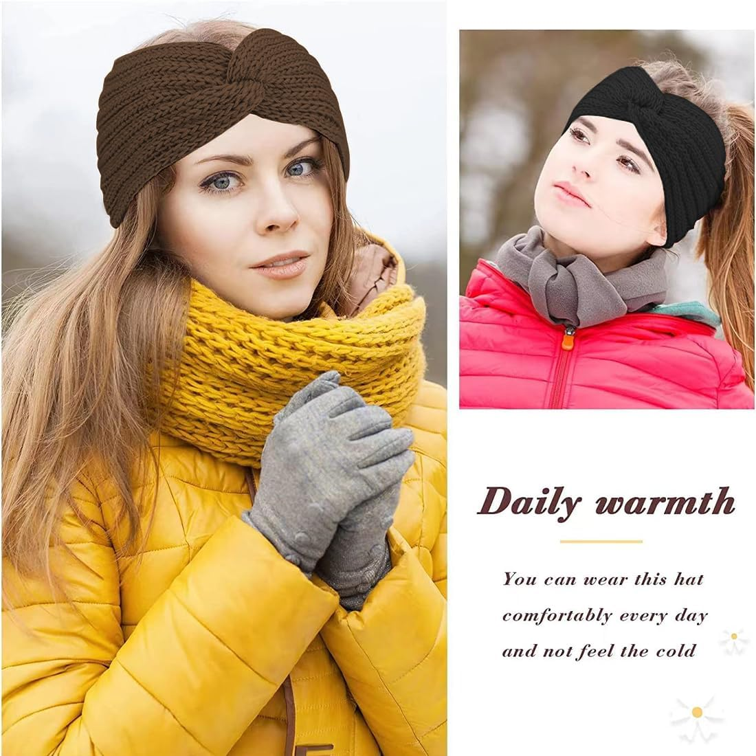 3 Pieces Knitted Headband Winter Women Winter Hair Bands for Women Knitted Hair Bands Winter Crochet Head Wrap Beige Black Khaki image number 1