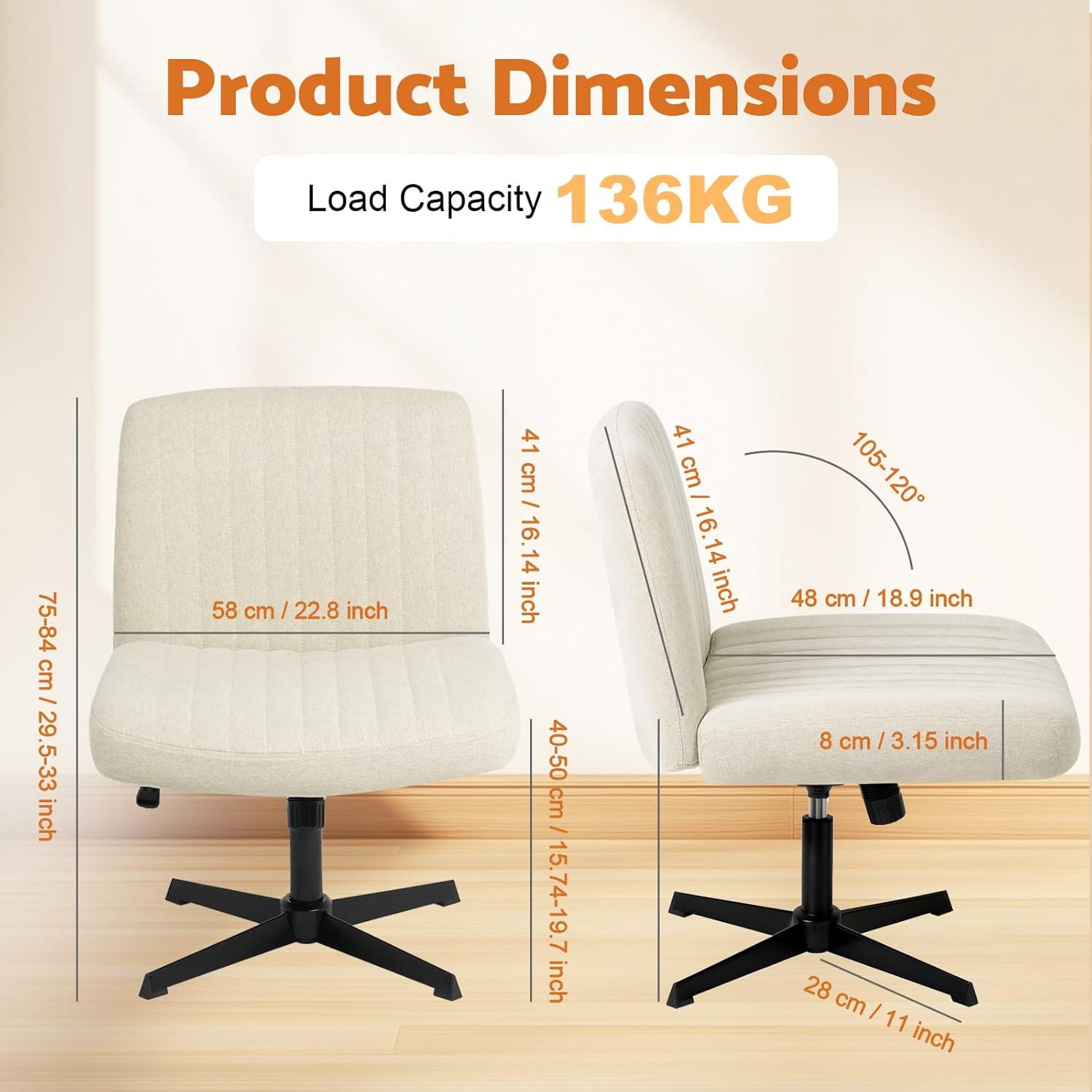Advwin Criss Cross Legged Office Chair Armless Computer Chair with Wide Seat Swivel Vanity Chair with Adjustable Height Ergonomic Desk Chair for Home Office Study Bedroom Workstation, Beige