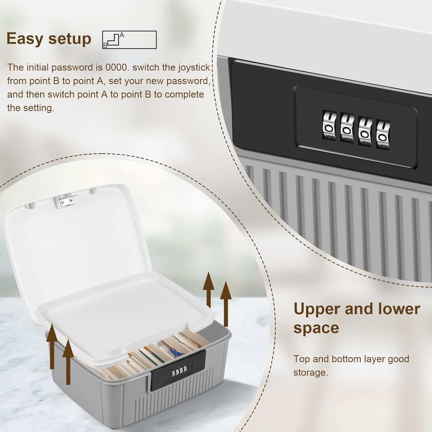 Lockable Storage Container, 6L Robust Organizer Document and ID Box with Combination Lock Design, Double Layer Password Storage Locking Box with Built in Removable Tray for Office (White) image number 3