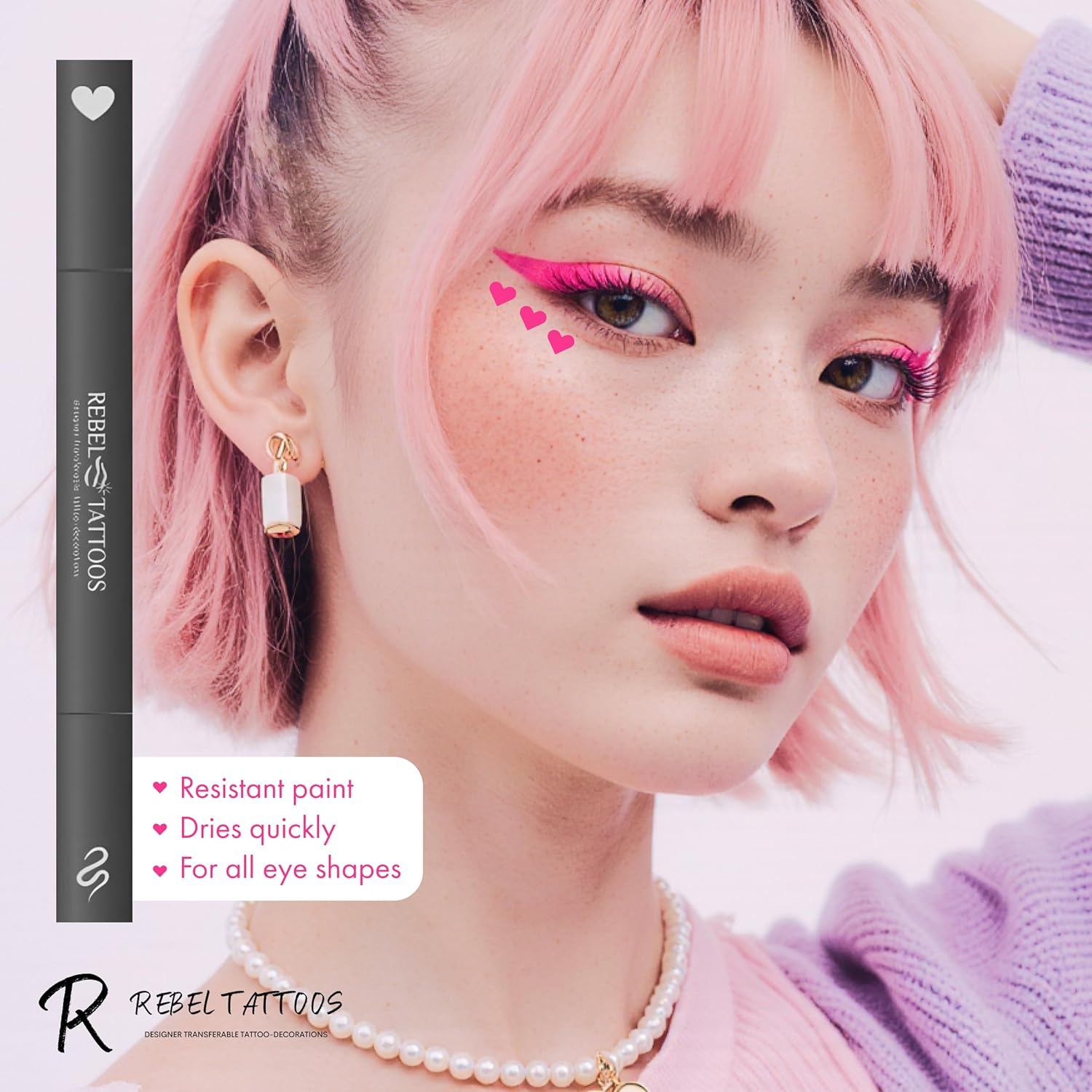 Rebel Tattoos 2-In-1 Eyeliner Stamp, Pigmented Intense Black Formula, Smudge-Budge Proof, Sweatproof, 24 Hour Stay Eyeliner Stamp Star Butterfly or Heart (Pink Heart) image number 1
