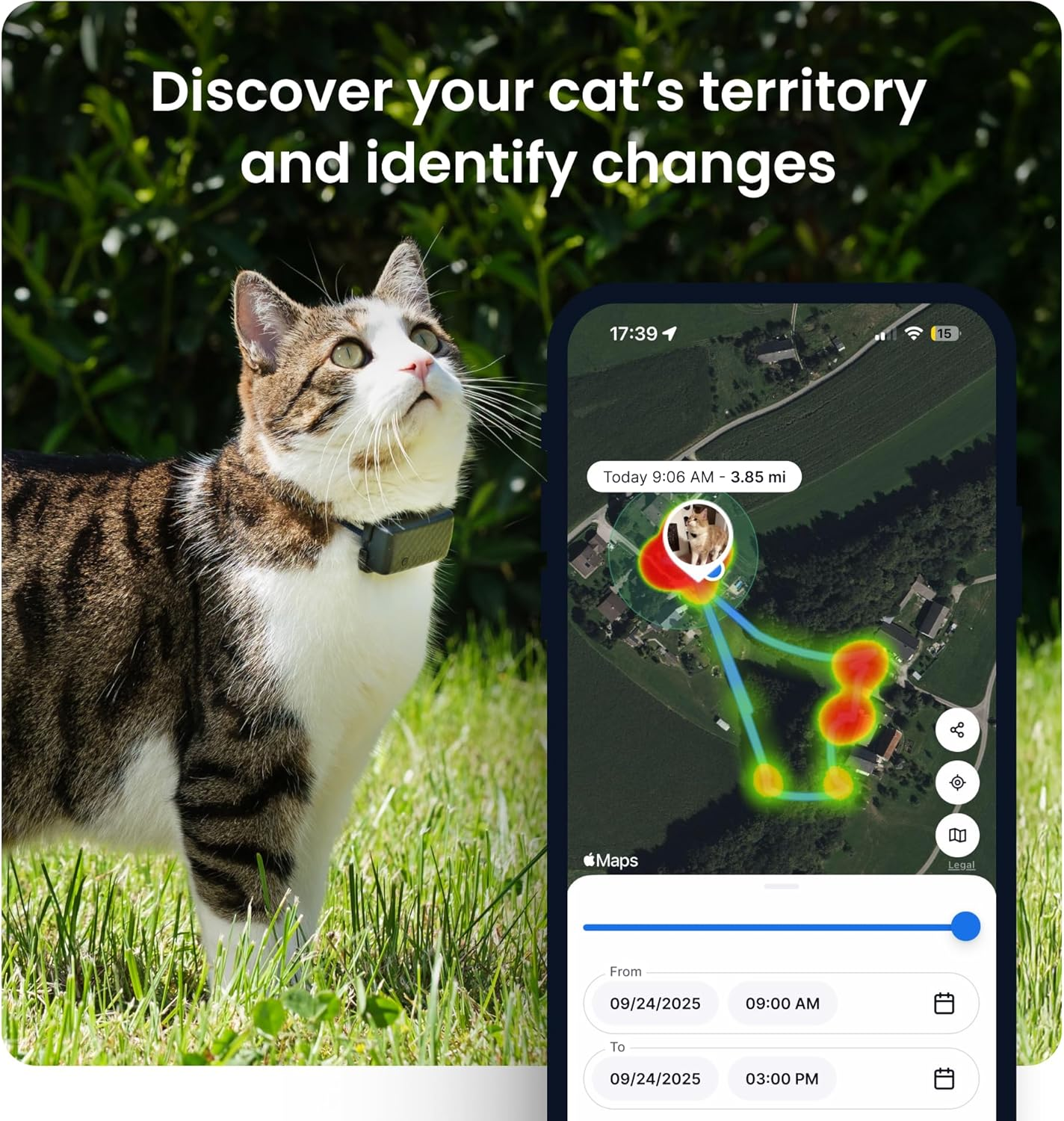 Tractive Smart Cat GPS Tracker | Real-Time Location & Wellness Monitoring for Cats 6.5 Lbs+ | Territory & Location History | up to 5-Day Battery | Breakaway Collar Included (Dark Blue) image number 1