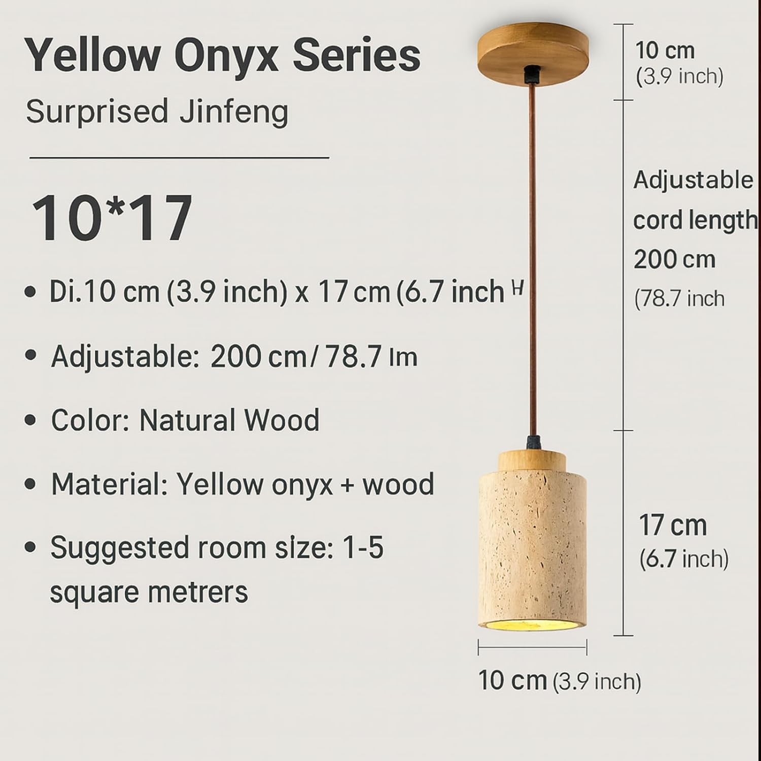 Nordic Pendant Light with Natural Stone Shade and Wood Accents, Cylinder Hanging Ceiling Light for Kitchen Island, Dining Room, Bedroom, Modern Rustic Chandelier (Walnut Color,10X17Cm) image number 2