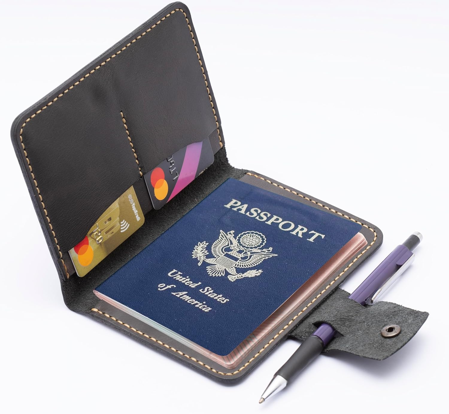 Handmade Passport Leather Case, Wallet Credit Card Holder (Dark Grey), Dark Brown, Genuine Leather Cover image number 4