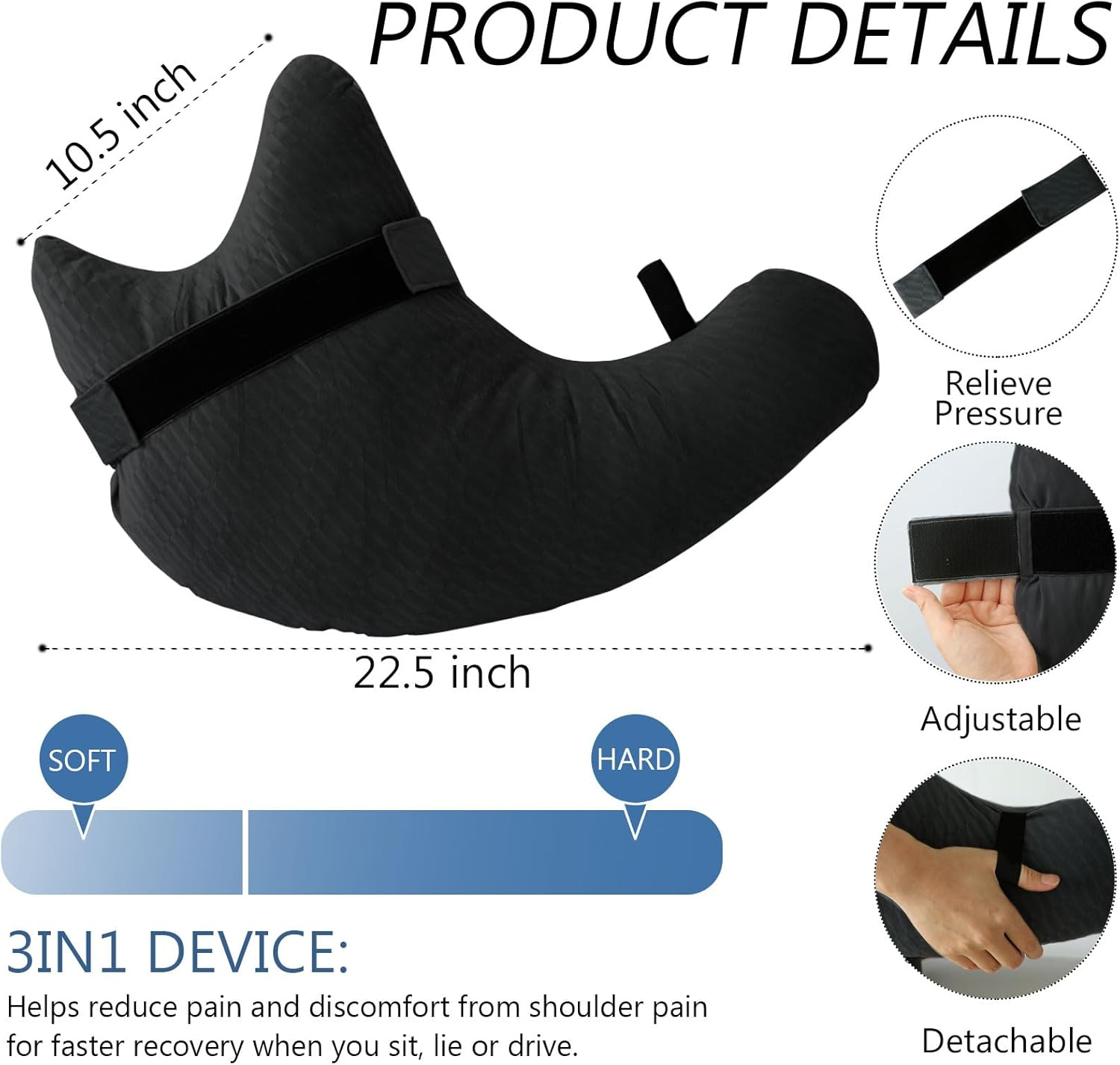 Shoulder Surgery Pillow, Shoulder Pillow for Shoulder Pain, Rotator Cuff Pillow, Arm Pillows for Adults after Surgery, Side Sleeper Pillow for Neck and Shoulder Pain Relief (Black with Strap) - Black With Strap image number 6