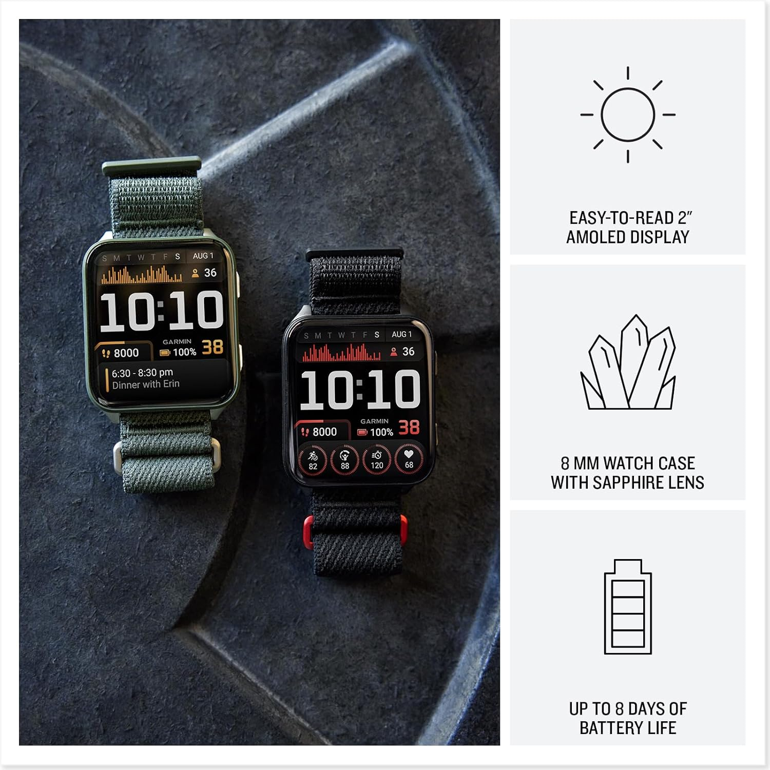 Garmin&reg; Venu&reg; X1, Thin and Lightweight GPS Smartwatch, AMOLED Display, Advanced Health and Fitness Features, Moss with Titanium Caseback and Moss Comfortfit Nylon Band image number 5