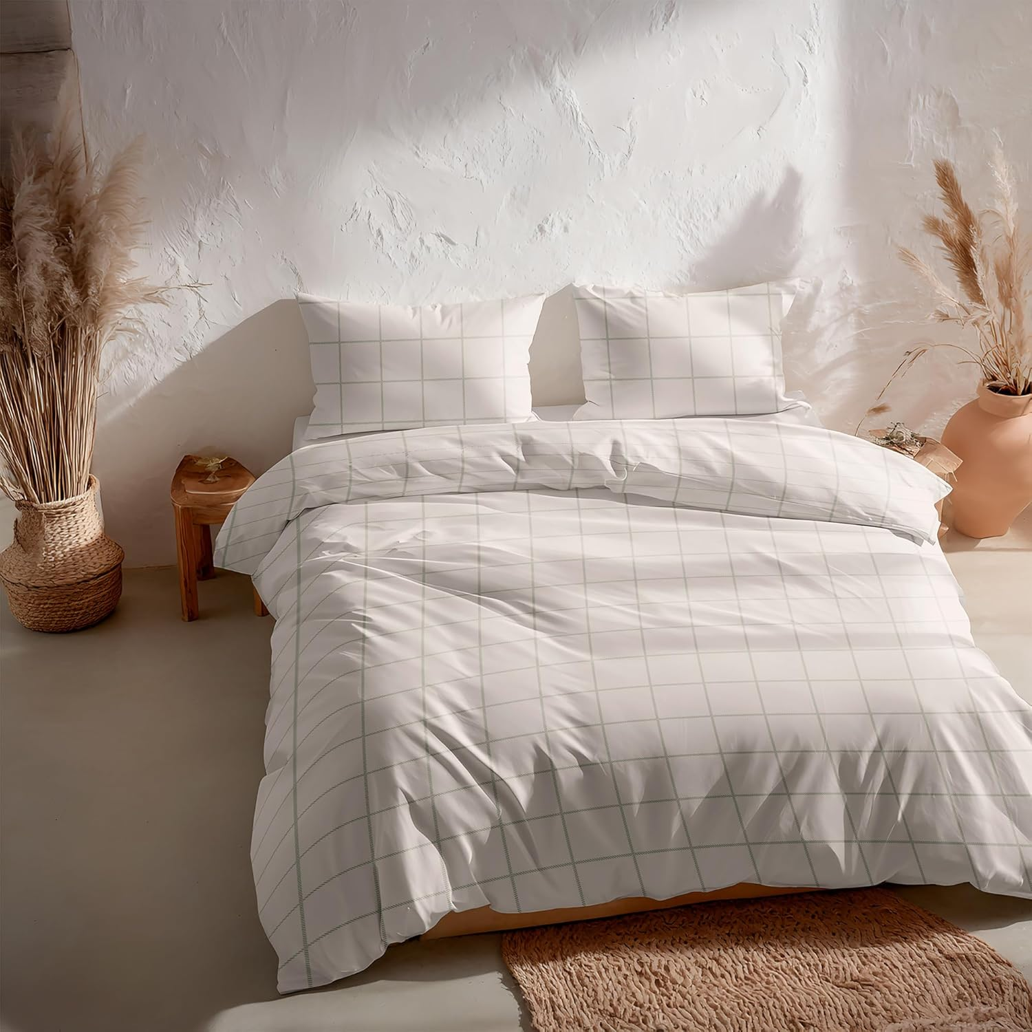 GAMUSI Beige Check Bedding Set 180 CM 100% Cotton + 2 Pillowcases 50 X 95 CM