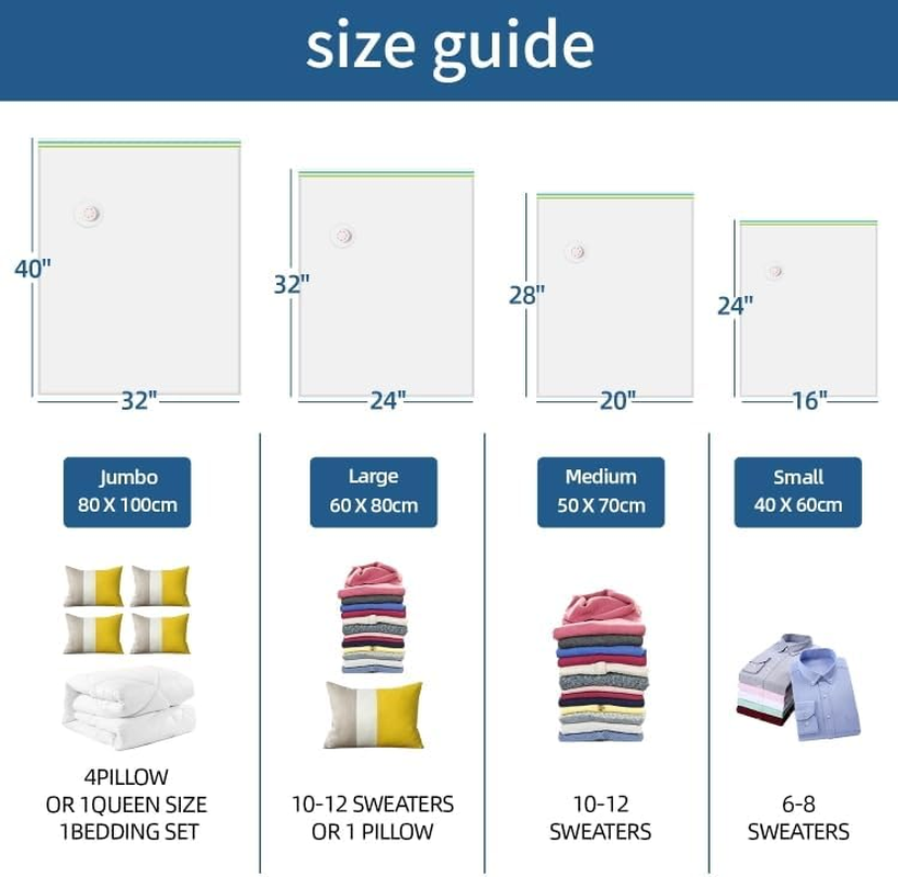 8 Pack Vacuum Storage Bags with Hand Pump, Space Saver Bags (2 Jumbo/2 Large/2 Medium/2 Small) Compression Storage Bags for Comforters and Blankets, Vacuum Sealer Bags for Clothes Storage.