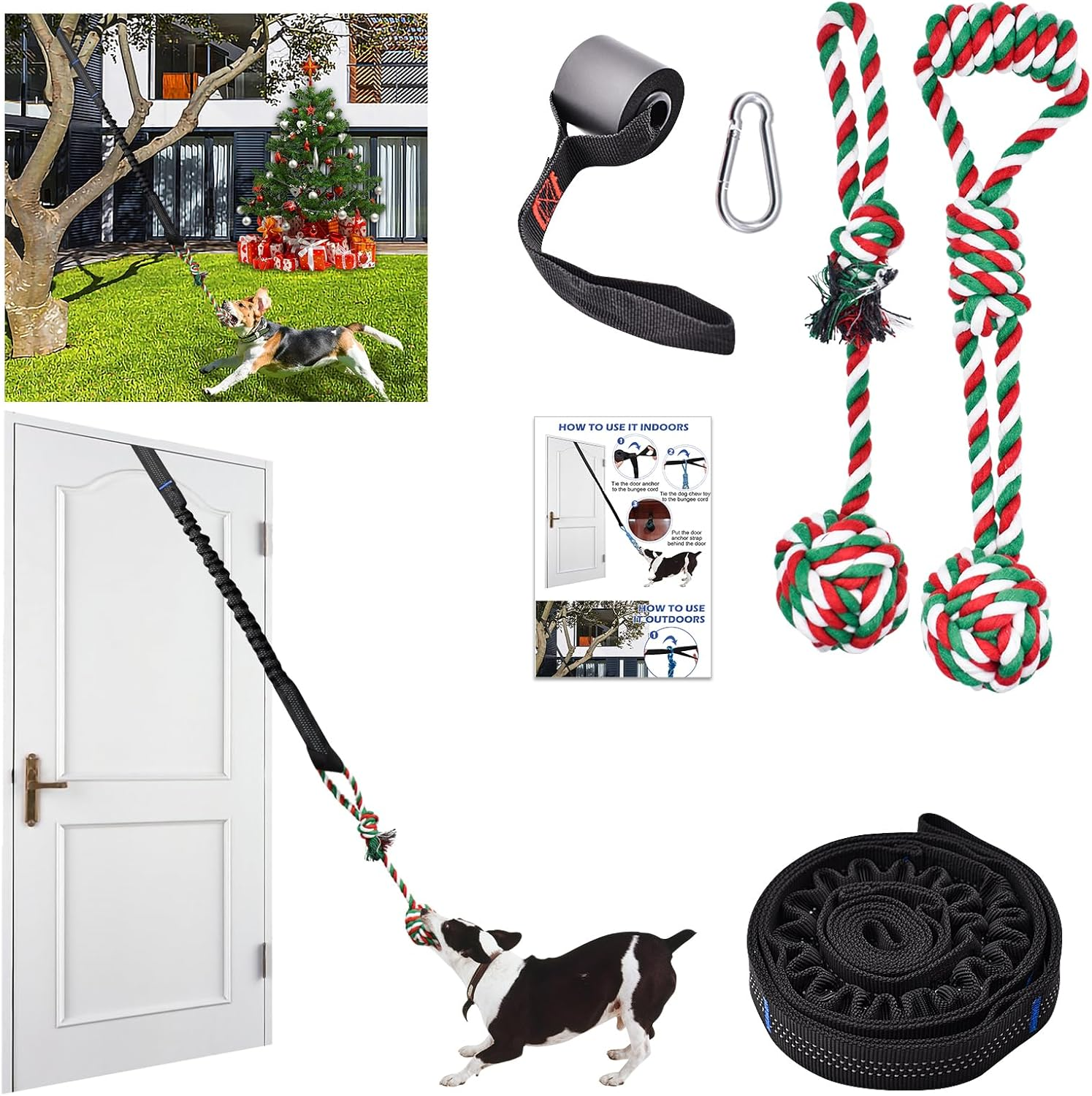 Door Anchor Dog Hanging Bungee Tug Toy for Small Dog Pull Rope and Tug of War, Indoor Outdoor Pull Interactive Toy, Durable Retractable Tugger Dog Rope Toy with 2 Chew Toys for Dogs and Cats
