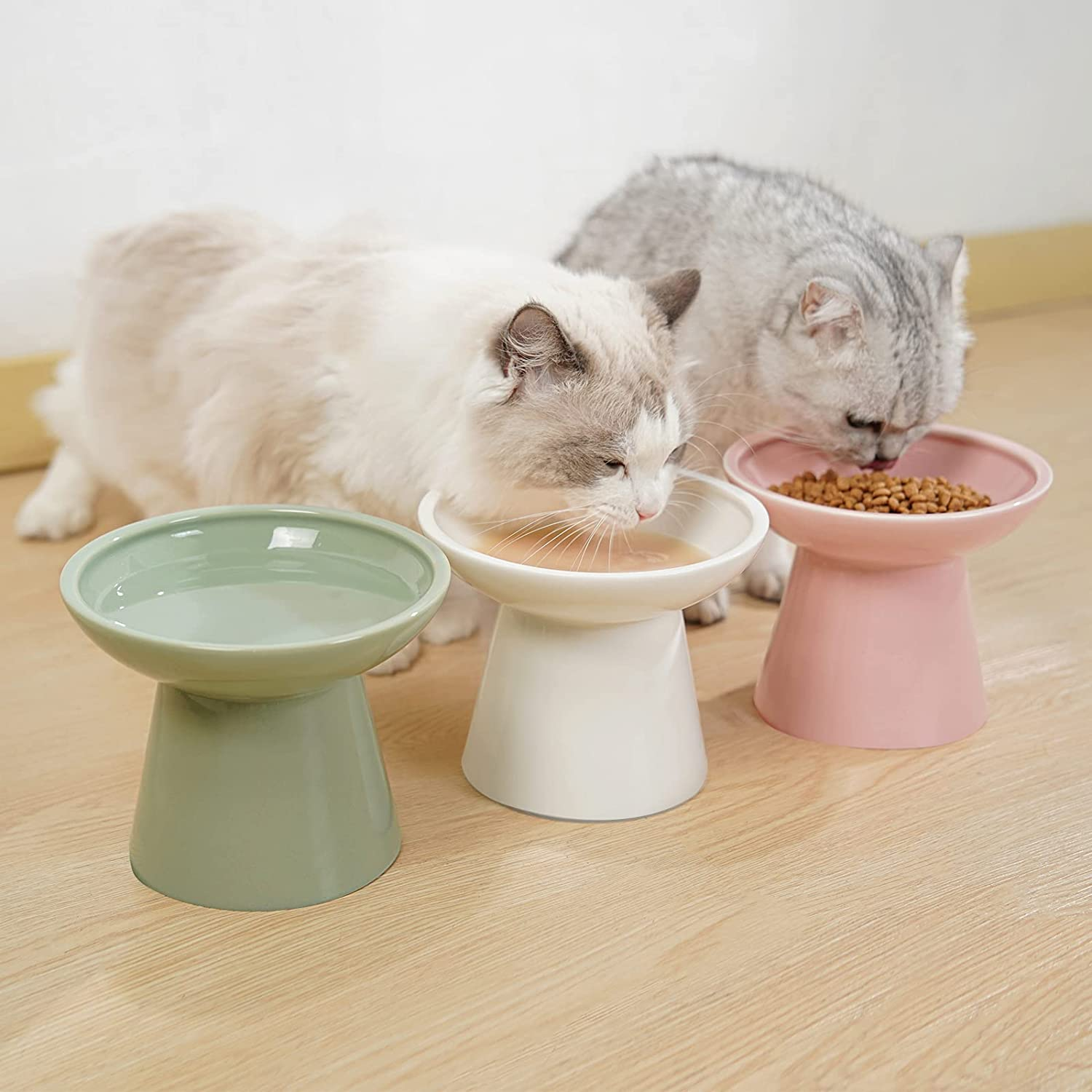 Extra Wide Elevated Cat Bowls - Ceramic Food Bowl 6.2" Raised, Shallow Dish for Whisker Fatigue, Lead & Cadmium Free, 5" Good Height for Feeding - Pink image number 4