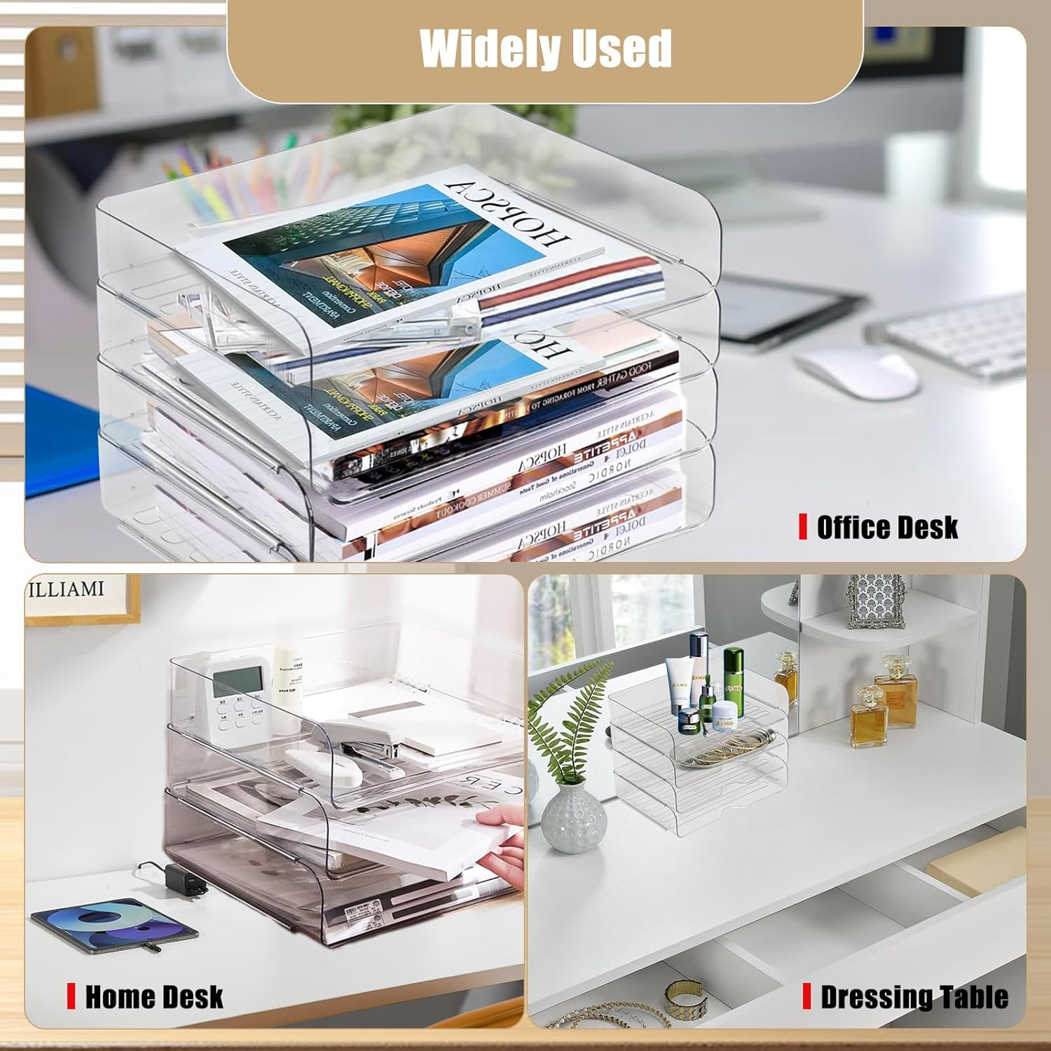 Clear Stackable Paper Trays 4 Pack, Letter Tray Desk Organizer, Desktop Organizers and Storage for Books, Magazines, Folders, A4 Size File Paper, Office Supplies image number 1