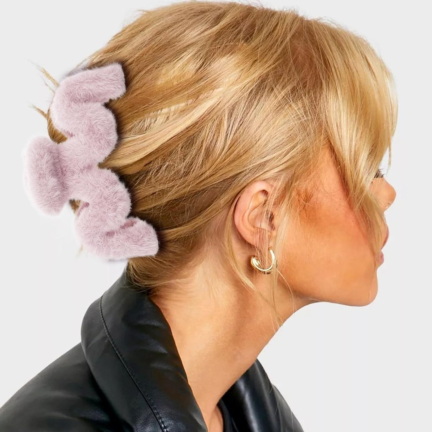 2 Pcs Fuzzy Fluffy Plush Large Hair Claw Clips Pink Blue Cute Wavy Hair Claws M-Shaped Jumbo Jaw Clips Strong Hold Hair Clips for Thick Long Curly Hair Women Girls (Leather Powder+Light Blue, One Size) image number 3