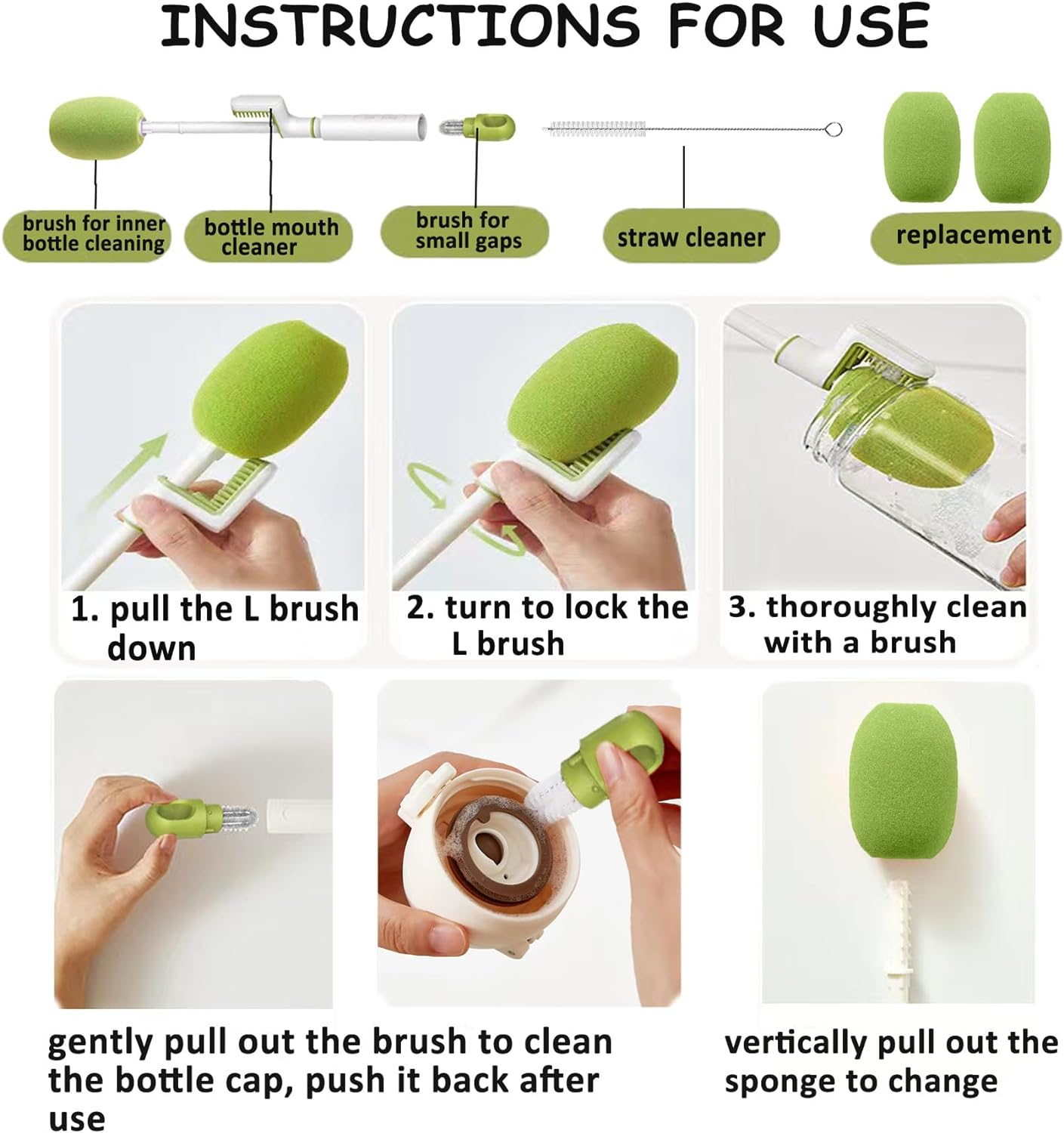 Ever Vibrant Baby Bottle Brush 4 in 1 Multifunctional Bottle Cleaner Set for Cleaning Tall, Short, Wide & Skinny Water Bottles and Cups, 1 Straw Brush and 2 Replacement Heads Included