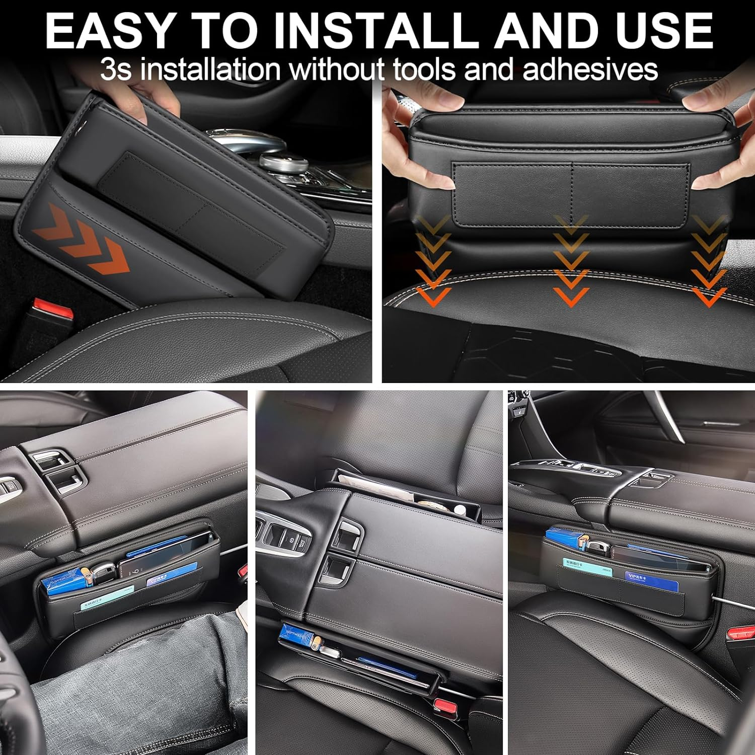 Car Seat Gap Filler, 2 Pack Universal Organizer Front Seat Leather Accessories Essentials for SUV Truck, Adjustable Universal Fit (Black) image number 1