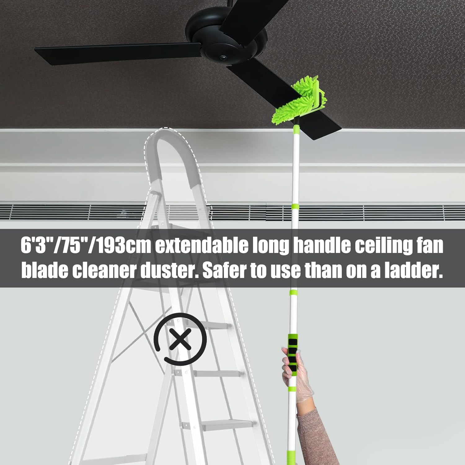 Ceiling Fan Cleaner Duster with 75'' Extension Pole, Flexible Fan Duster for Ceiling Fan Blades, Reusable Cleaning Tool for High Ceiling Fan, Skinny Duster for Tight Spaces image number 1