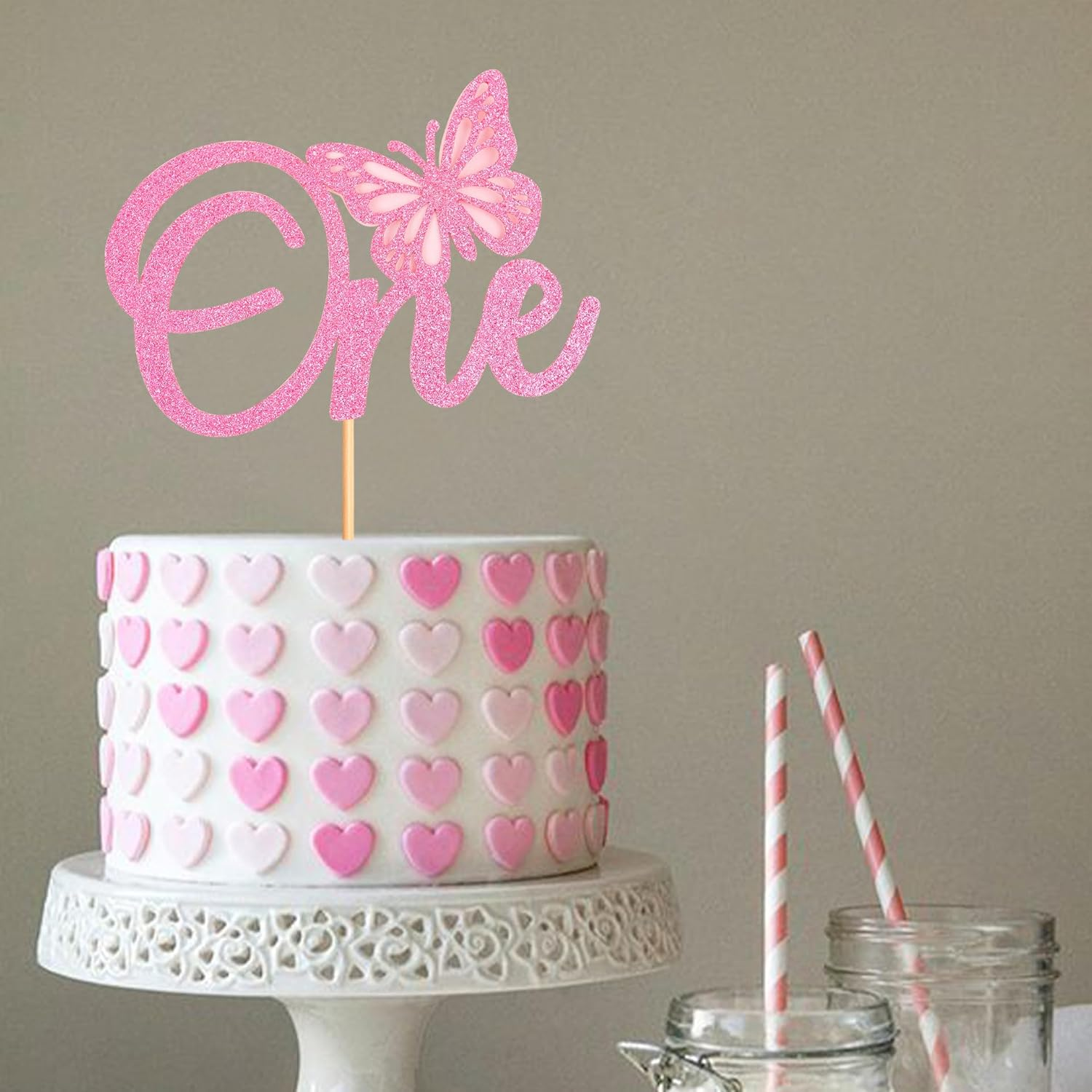 Pink First Birthday Butterfly Topper 1St Birthday Cake Decoration Supplies,One Sign Butterfly Theme One Years Old Birthday Cake Topper image number 4