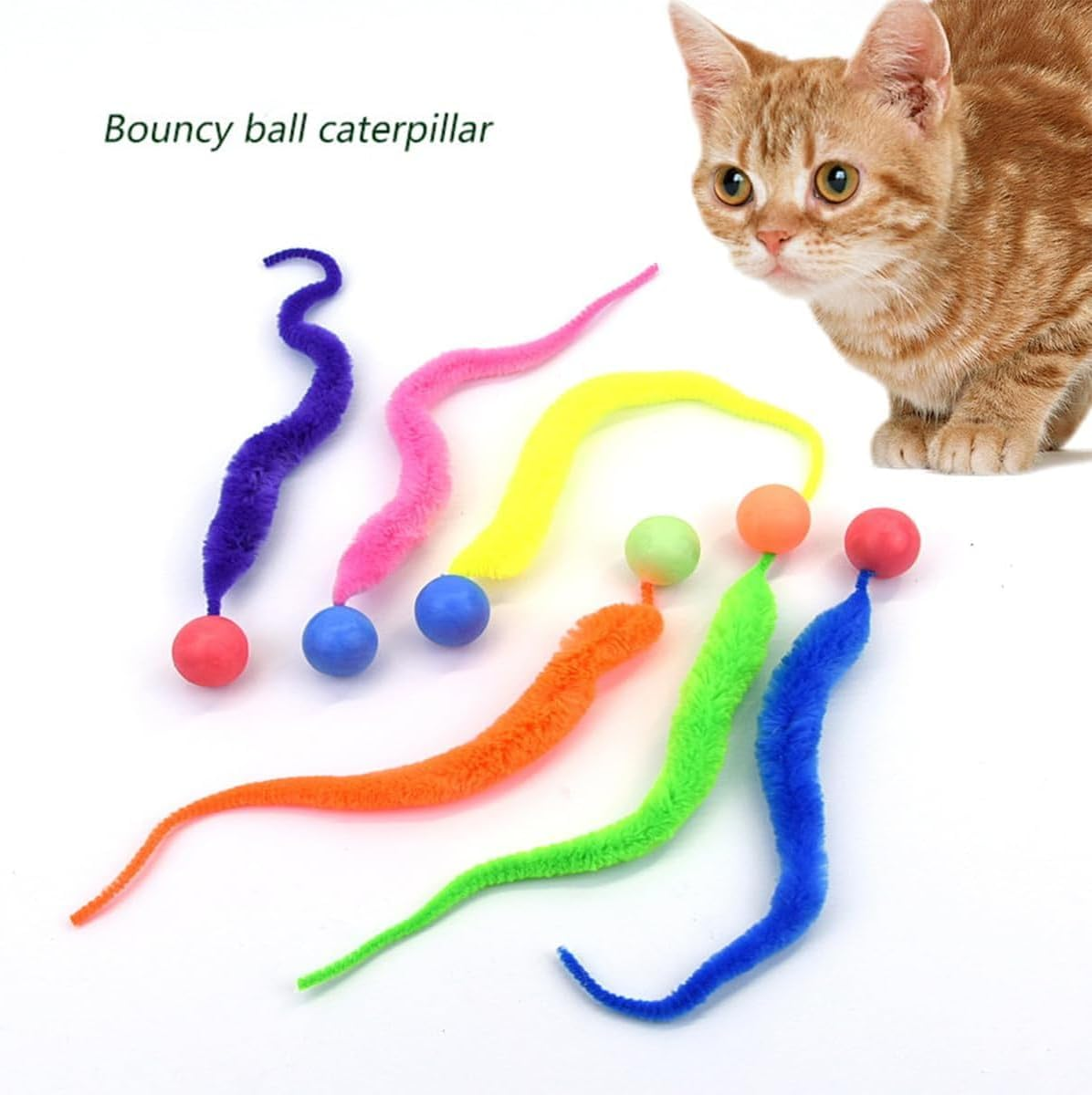 Green Interactive Toy for Cats Colourful Funny Training Long Tail Ball Cat Toy Indoor Scratcher Fun Pet Toy Bouncy Ball Worm Cat Toy
