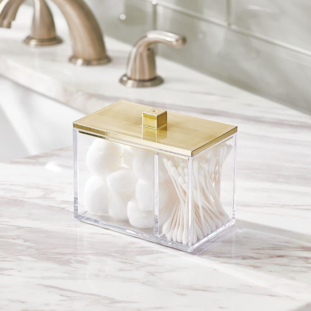 Mdesign Modern Square Bathroom Vanity Countertop Storage Organizer Canister Jar for Cotton Swabs, Rounds, Balls, Makeup Sponges, Bath Salts - 2 Divided Sections - Clear/Soft Brass image number 6