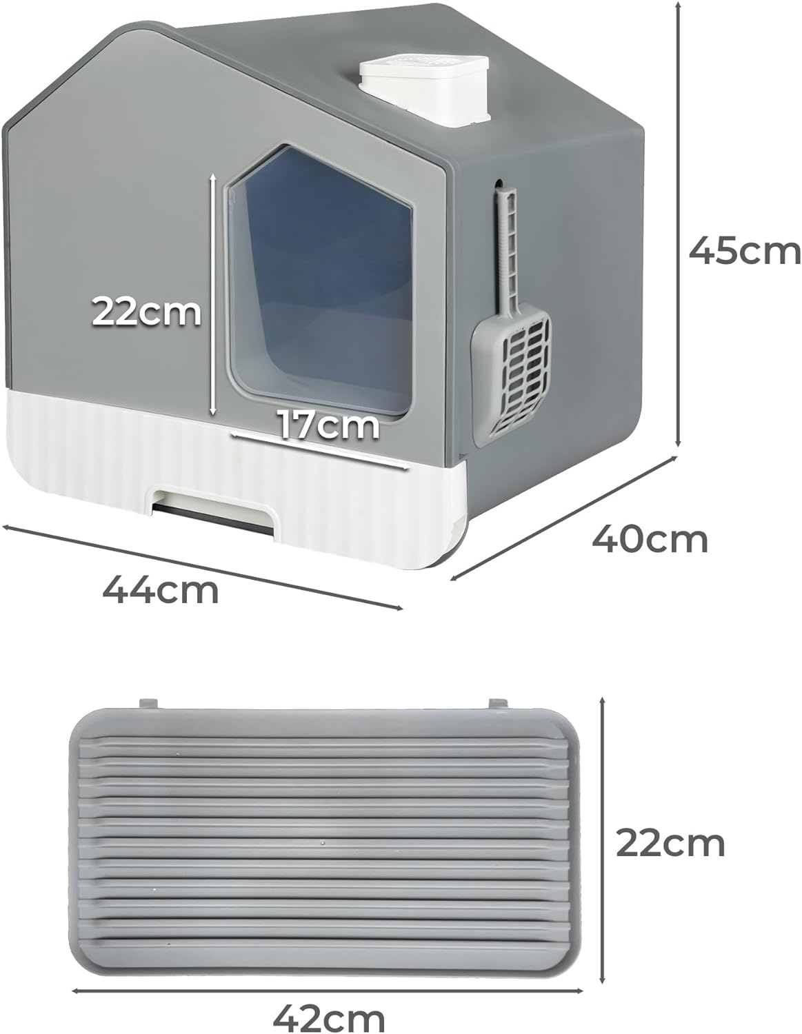 Pawz Pets Cat Litter Tray Boxes Enclosed, Spacious Kitty Litter Tray with Complementory Scoop and Drawer Design,Two-Way Door Cat Litter Box Anti-Splashing with Cat Toilet Mat, Easy Cleaning, Grey image number 2