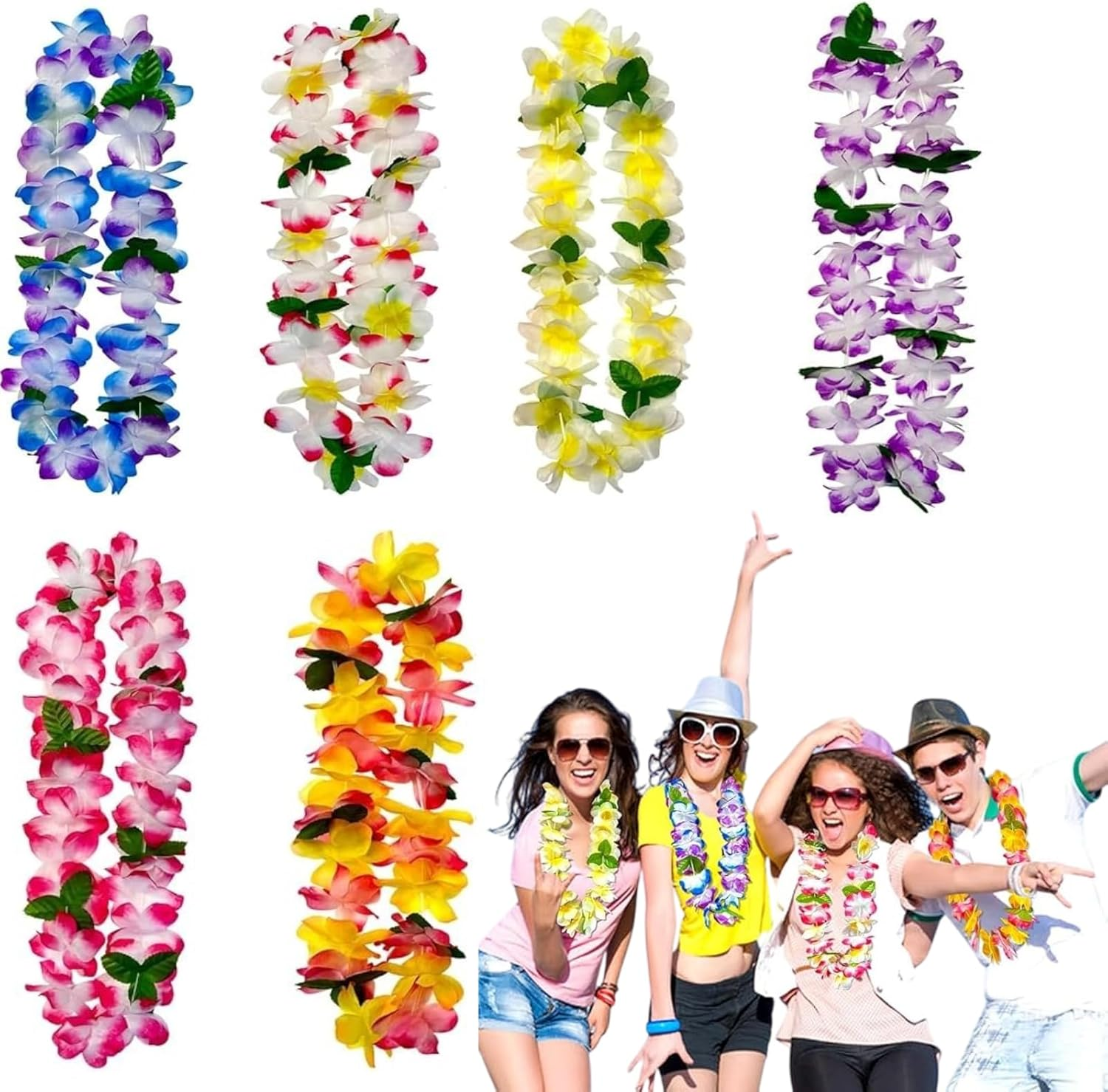 Abeillo 6 Counts Hawaiian Leis Bulk,Size Suitable for All Ages，For Adults Beach Party Favors for Adults,Summer Beach Vacation,Theme Party Decorations, Multi-Colour image number 4