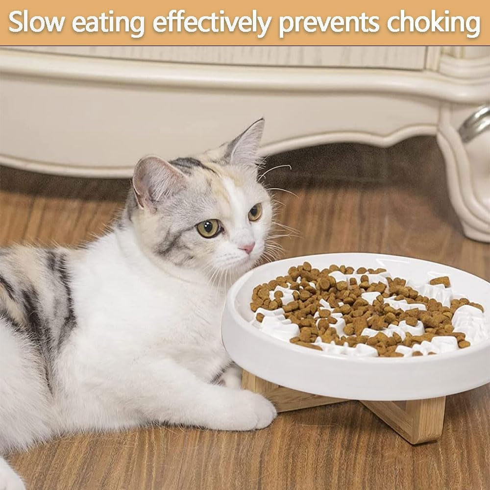 Ceramic Raised Slow Feeder Bowl with Stand for Cats and Small Dogs, Elevated Pet Bowl for Healthy Eating, Prevents Choking and Black Chin, Slow Feed Solution