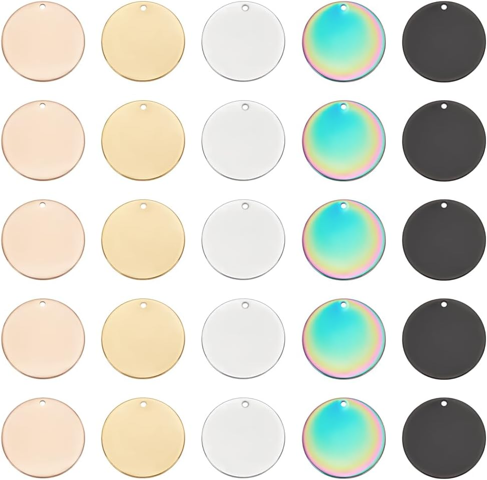 UNICRAFTALE 30Pcs 5 Colours round Metal Laser Engraving Blanks Dog Tags 25 Mm Stainless Steel Pendant Smooth Empty Tags Metal Charms for Jewellery Key Pet Dog Tags Making and Crafts