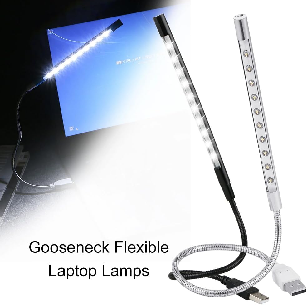 Cerioll USB Connection Reading Lamp, USB Gooseneck Lamp, Pack of 2 Notebook Reading Lamps, Flexible LED Reading Light with Gooseneck, for Book, Laptop, PC Computer (Black + Silver)