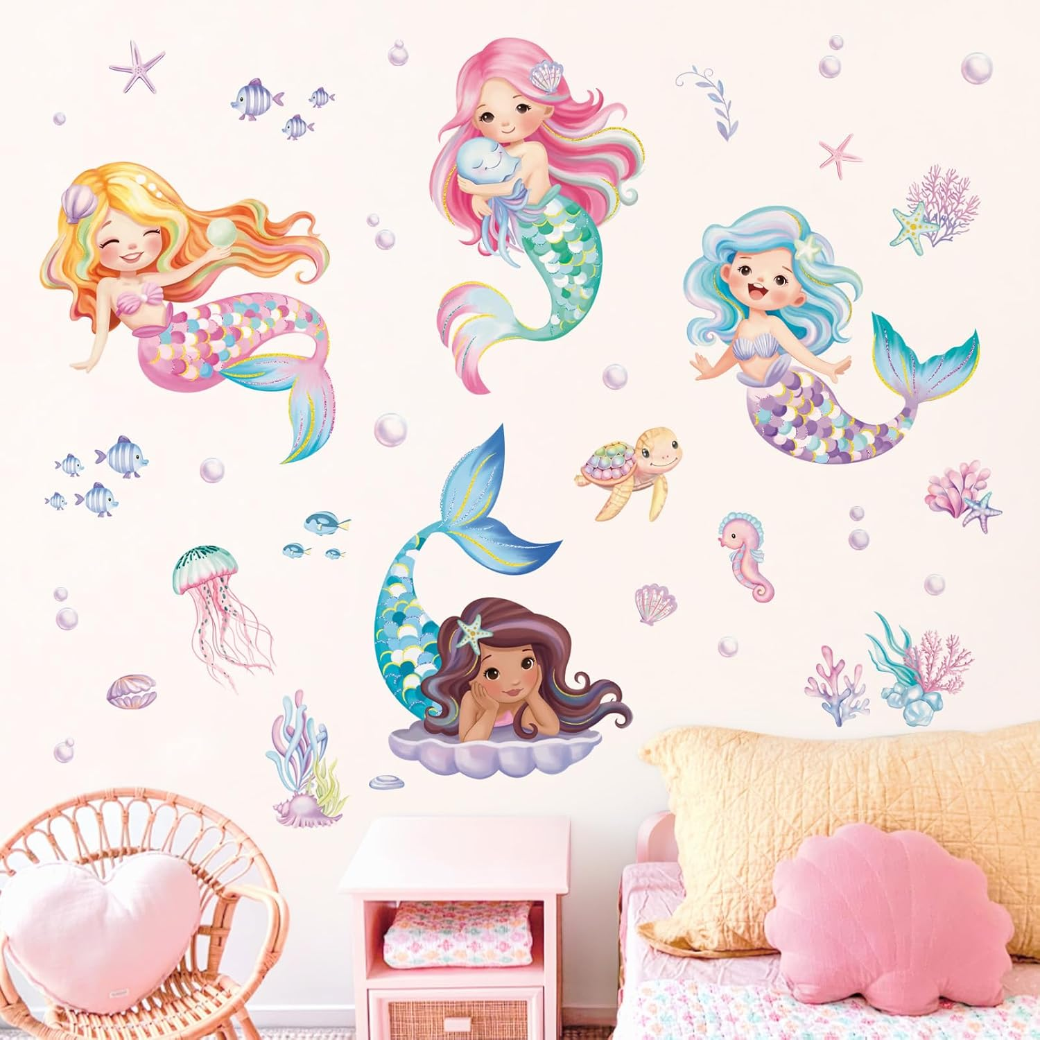 Decalmile under the Sea Mermaid Wall Decals Ocean Fish Starfish Turtle Wall Stickers Baby Nursery Girls Bedroom Bathroom Wall Decor